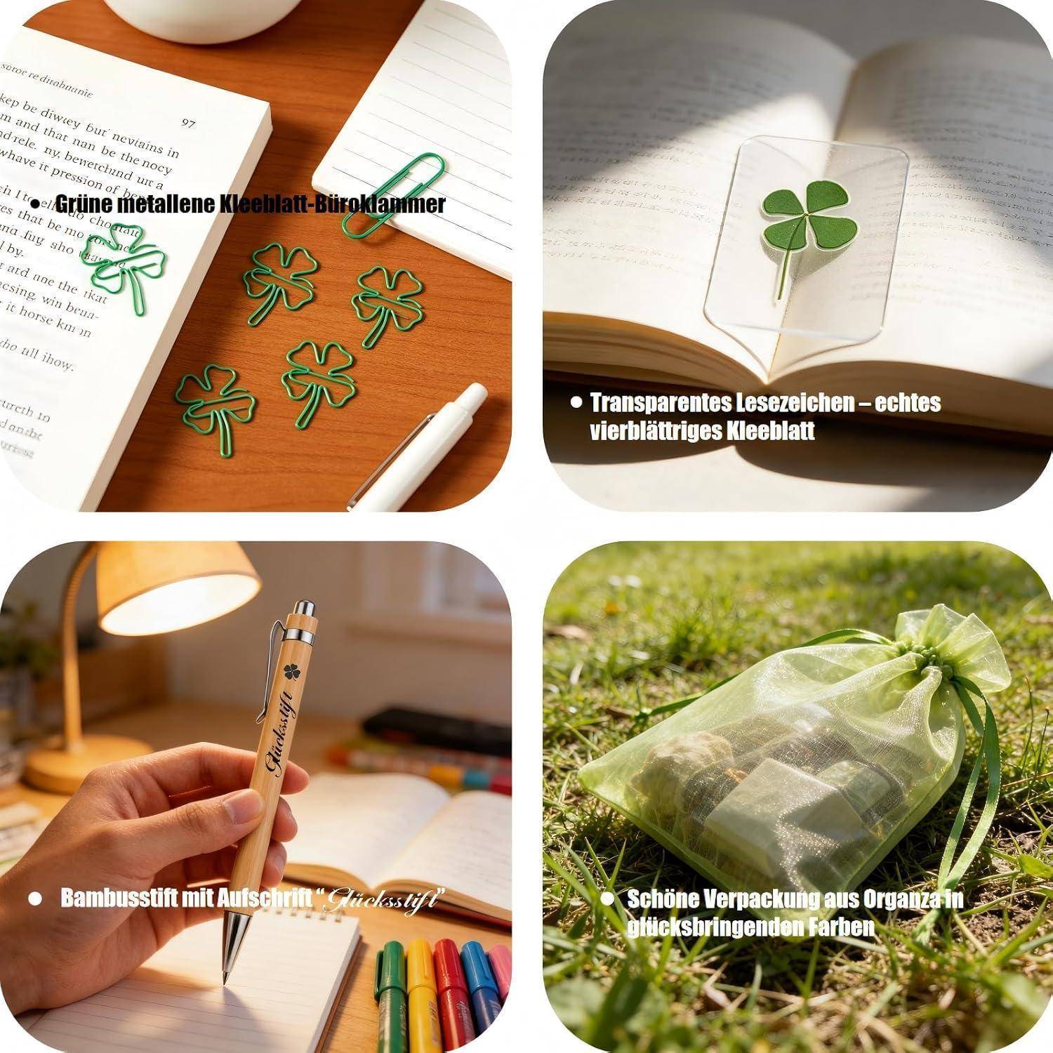 Vier Produktfotos zeigen Kleeblatt-Schreibwaren: Metallclips, ein transparentes Kleeblatt-Lesezeichen, einen Bambusstift mit Gravur und einen Organza-Geschenkbeutel.