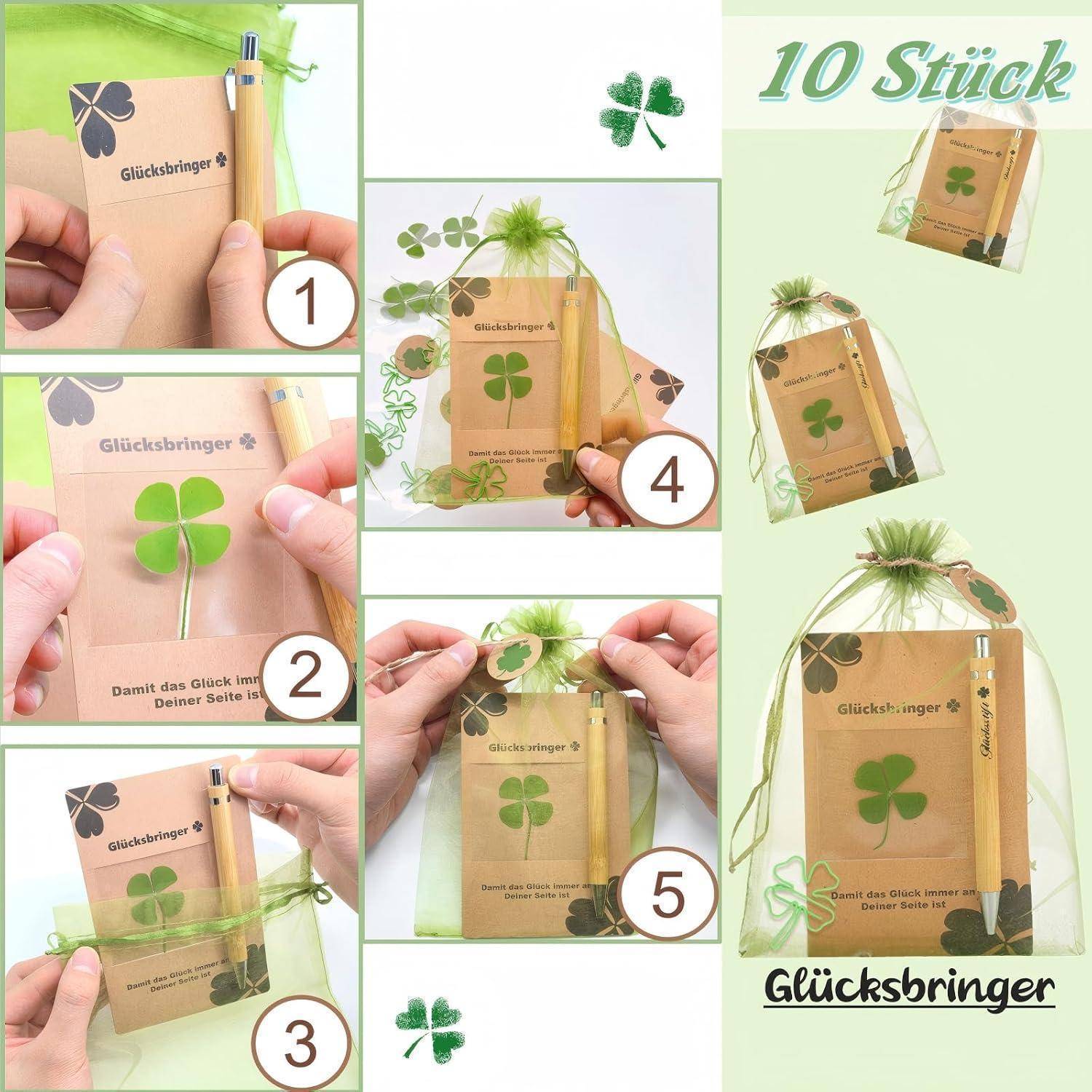 Collage mit einem handgefertigten Glücksklee-Geschenkpaket mit Bleistift und grünem Band, beschriftet mit '10 Stück' und 'Glücksbringer', in fünf Montagesschritten.