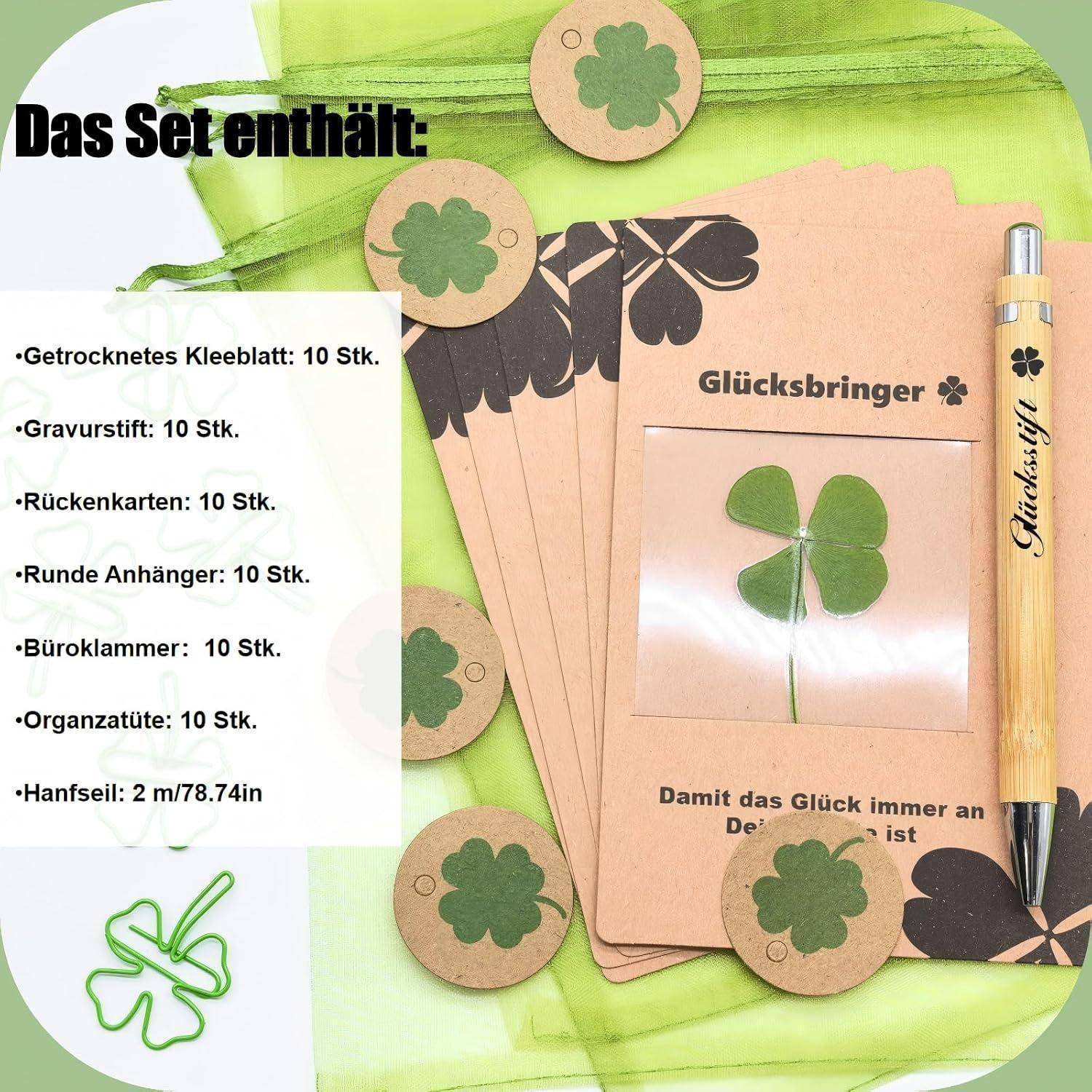 10 Sets Glücksstift Kugelschreiber mit Gravur, Glücksbringer Dankeschön Geschenke Kleine für Kollegen mit Echten Kleeblättern, Abschiedsgeschenk