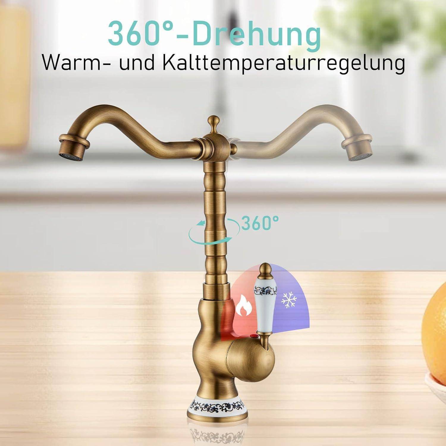 Messinghahn-Anzeige mit '360°-Drehung' und 'Warm- und Kalttemperaturregelung', mit einem 360°-Rotationssymbol und Heiß-/Kalt-Temperaturanzeiger
