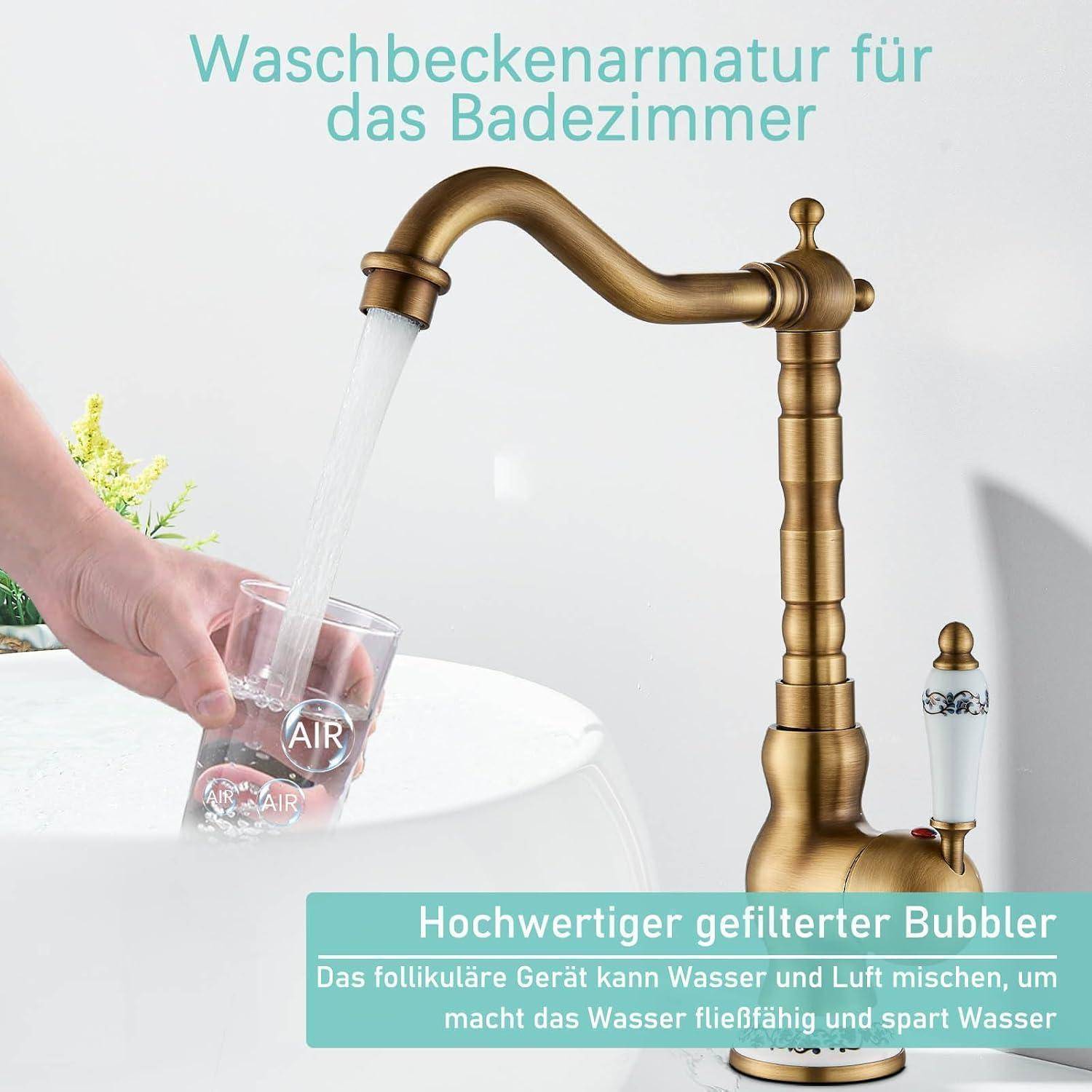 Messingarmatur im Badezimmer, die Wasser in ein Glas gießt; deutscher Text bewirbt einen „hochwertigen gefilterten Sprudler