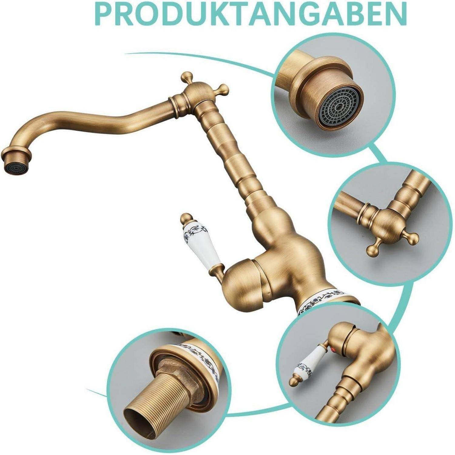Produktbild eines Messinghahns mit weißen Porzellangriffan, mit vergrößerten Kreisen, die den Strahlregler, die Verbindungsstellen und die Gewindeverbindung hervorheben.