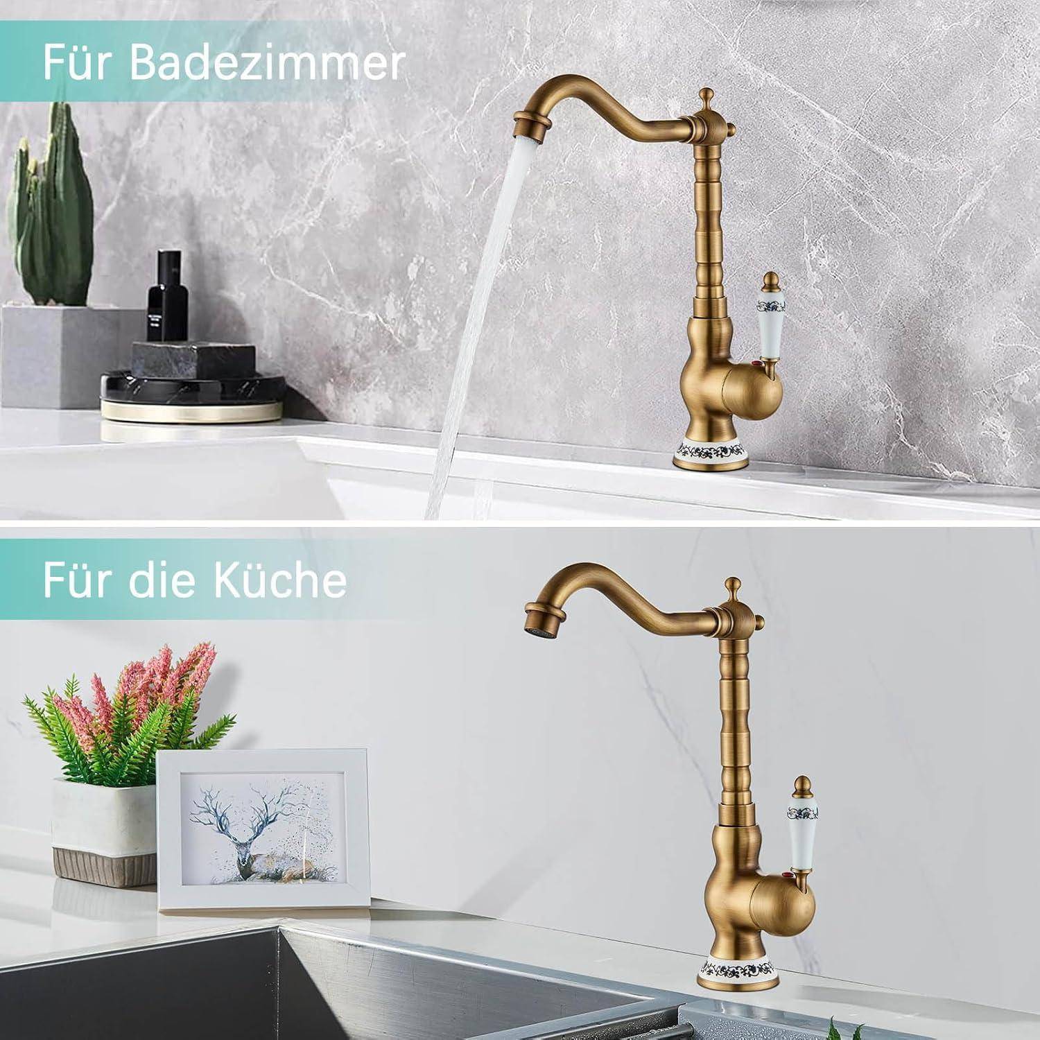 Werbebild, das eine goldene Vintage-Armatur in zwei Einstellungen zeigt, beschriftet mit „Für Badezimmer