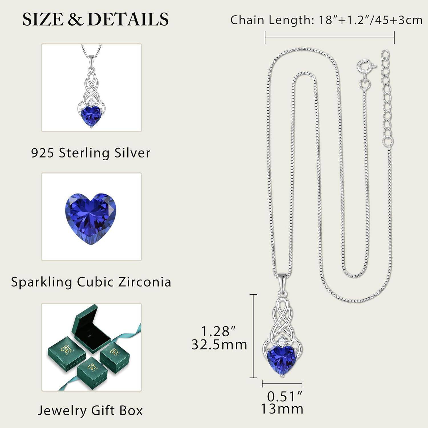 Halsketten-Größendetails-Grafik mit 925er Sterlingsilberkette, 18+1,2/45+3 cm lang, mit 3,25 cm x 1,30 cm blauem kubischem Zirkonia-Herzanhänger und Geschenkbox.