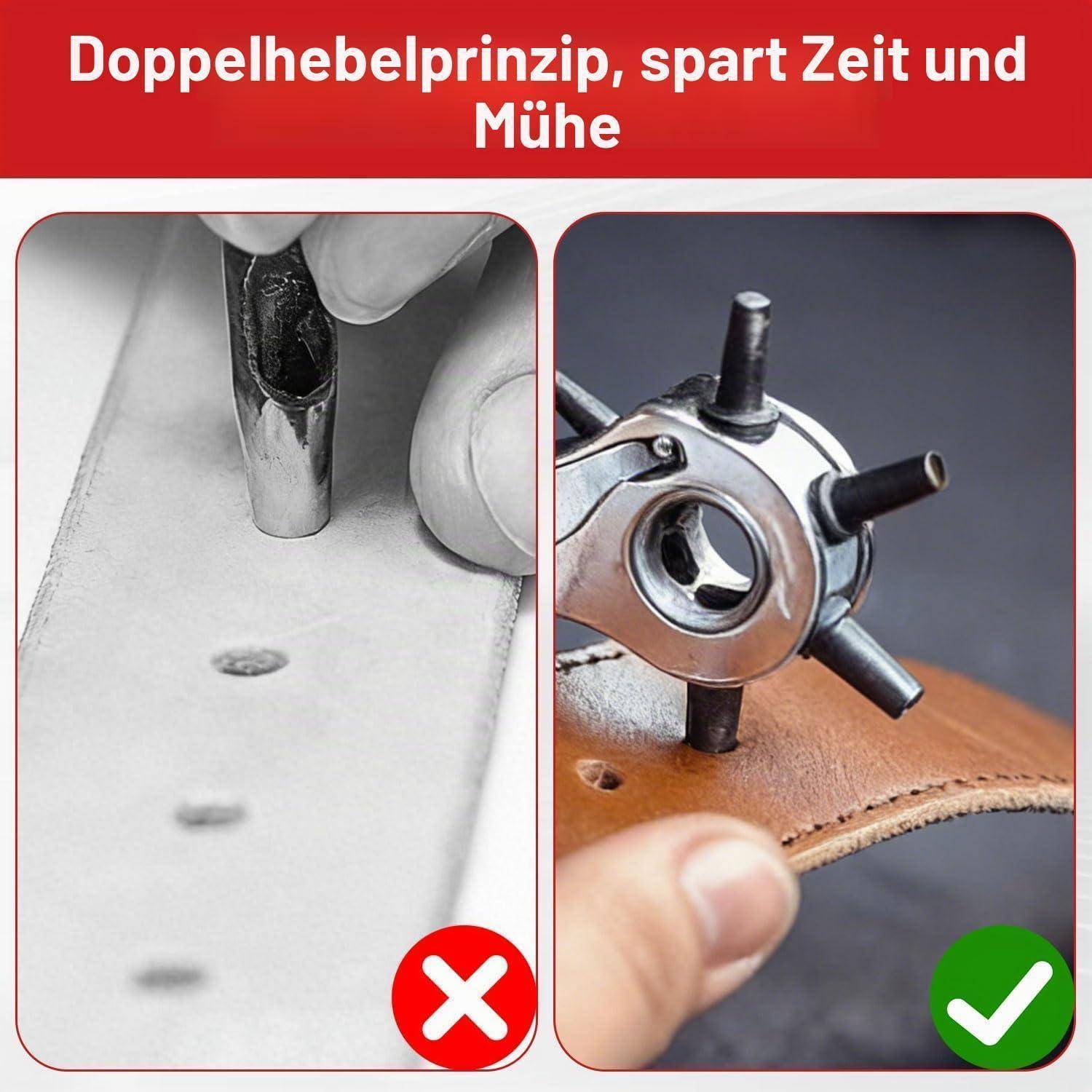 Nebeneinanderstellung von Lederlochern, bei der das falsche Werkzeug mit einem roten X gekennzeichnet ist und das richtige Locherwerkzeug mit einem grünen Haken unter dem Titel "Doppelhebelprinzip, spart Zeit und Mühe"".