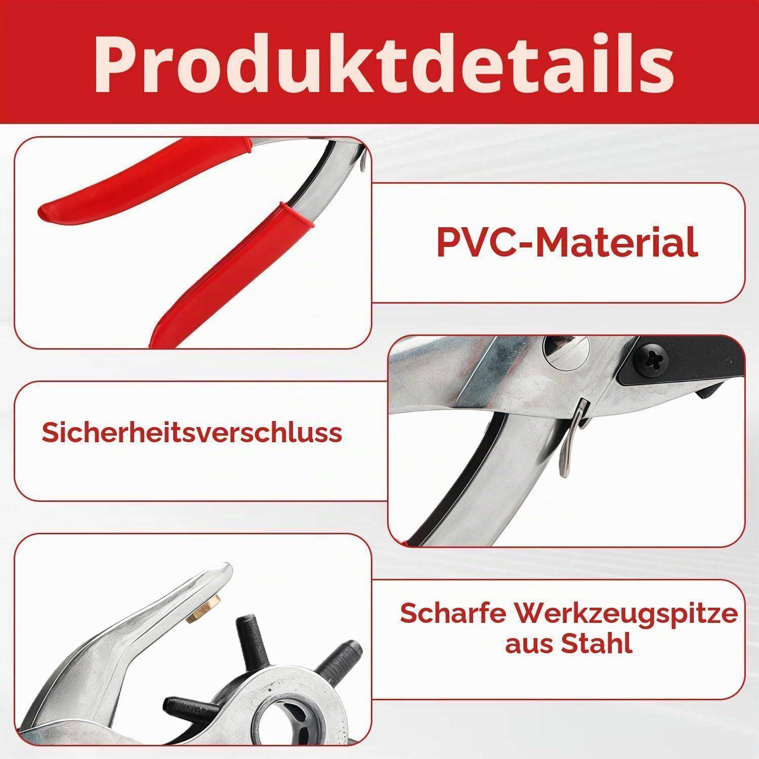 Produktdetail-Grafik mit roten Griffen einer Gartenschere aus PVC-Material, Sicherheitsverriegelung und scharfer Stahlklingespitze.