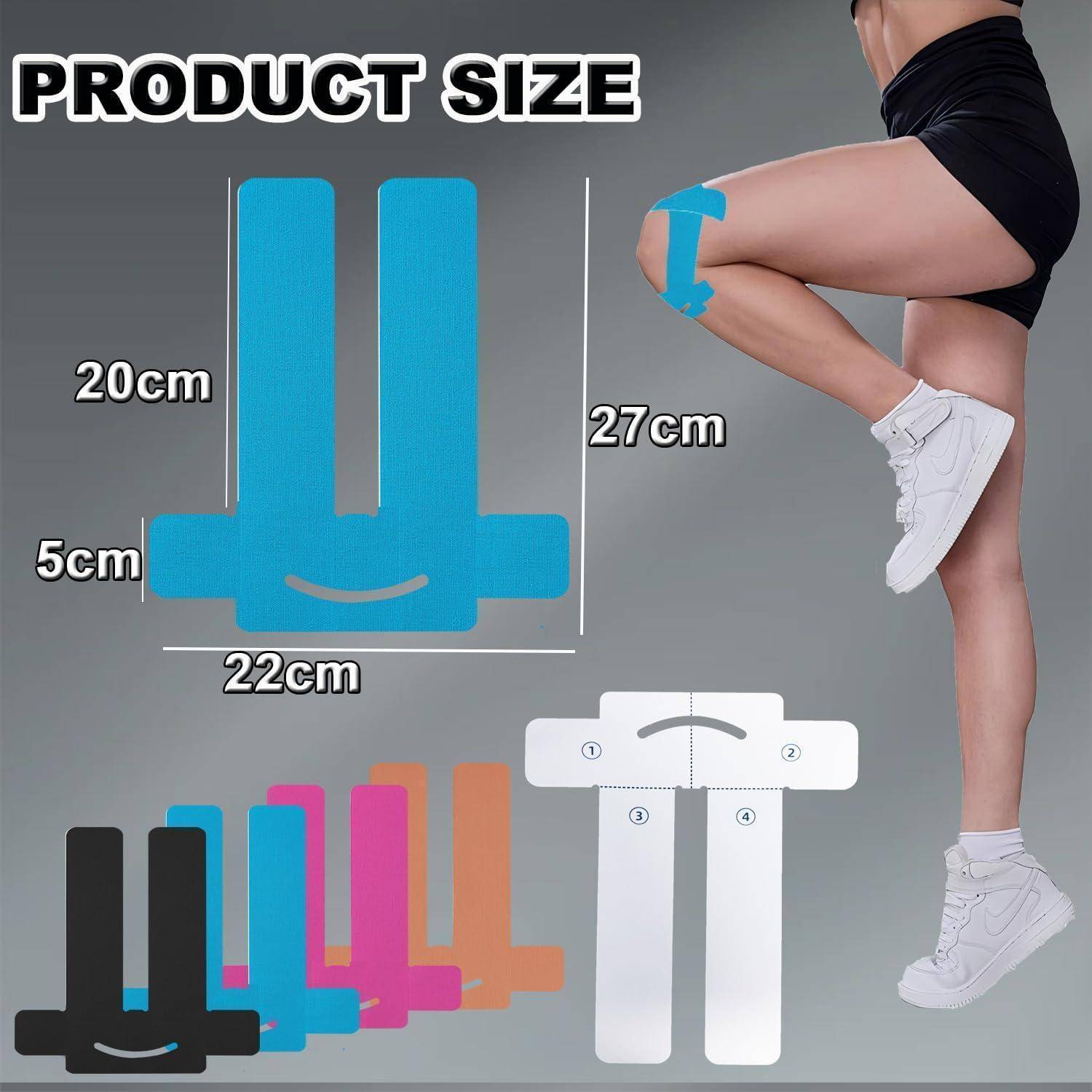 Größendiagramm für eine Beinunterstützungsmanschette, das Abmessungen von 20 cm Höhe, 22 cm Breite, 5 cm Basis und 27 cm Gesamtpassform zeigt, mit einer Person, die die Platzierung am Knie und Oberschenkel demonstriert.