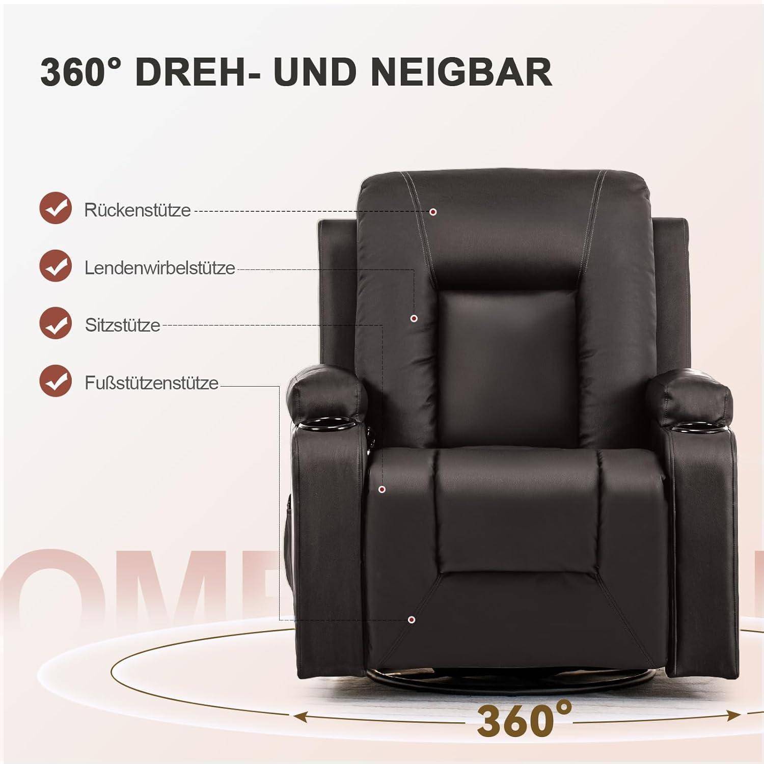Schwarzer Relaxsessel in Frontansicht, gekennzeichnet mit 360-Grad-Drehung und Verstellfunktion, mit aufgelisteten Merkmalen für Rückenlehne, Lendenstütze, Sitzfläche und Fußstütze in Deutscher Sprache.