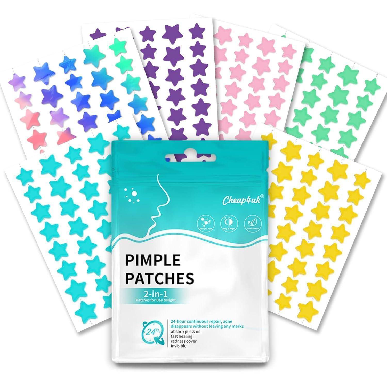 Packung von 'PIMPLE PATCHES' umgeben von farbenfrohen sternförmigen Pflastersheets, zeigend Akne-Spot-Behandlungssticker in mehreren Farben.