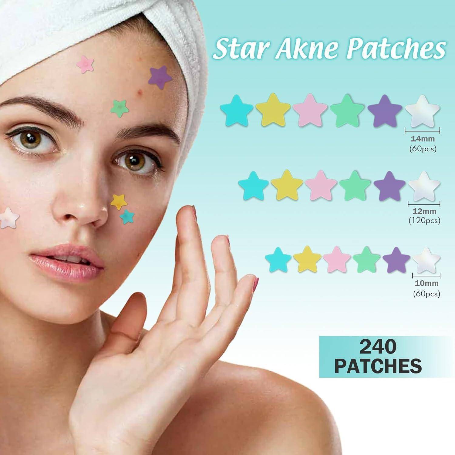 Werbung für „Star Akne Patches" mit einer Frau, die bunte sternförmige Akne-Patches auf ihrem Gesicht trägt, plus Größenoptionen 14mm, 12mm und 10mm, insgesamt 240 Patches.