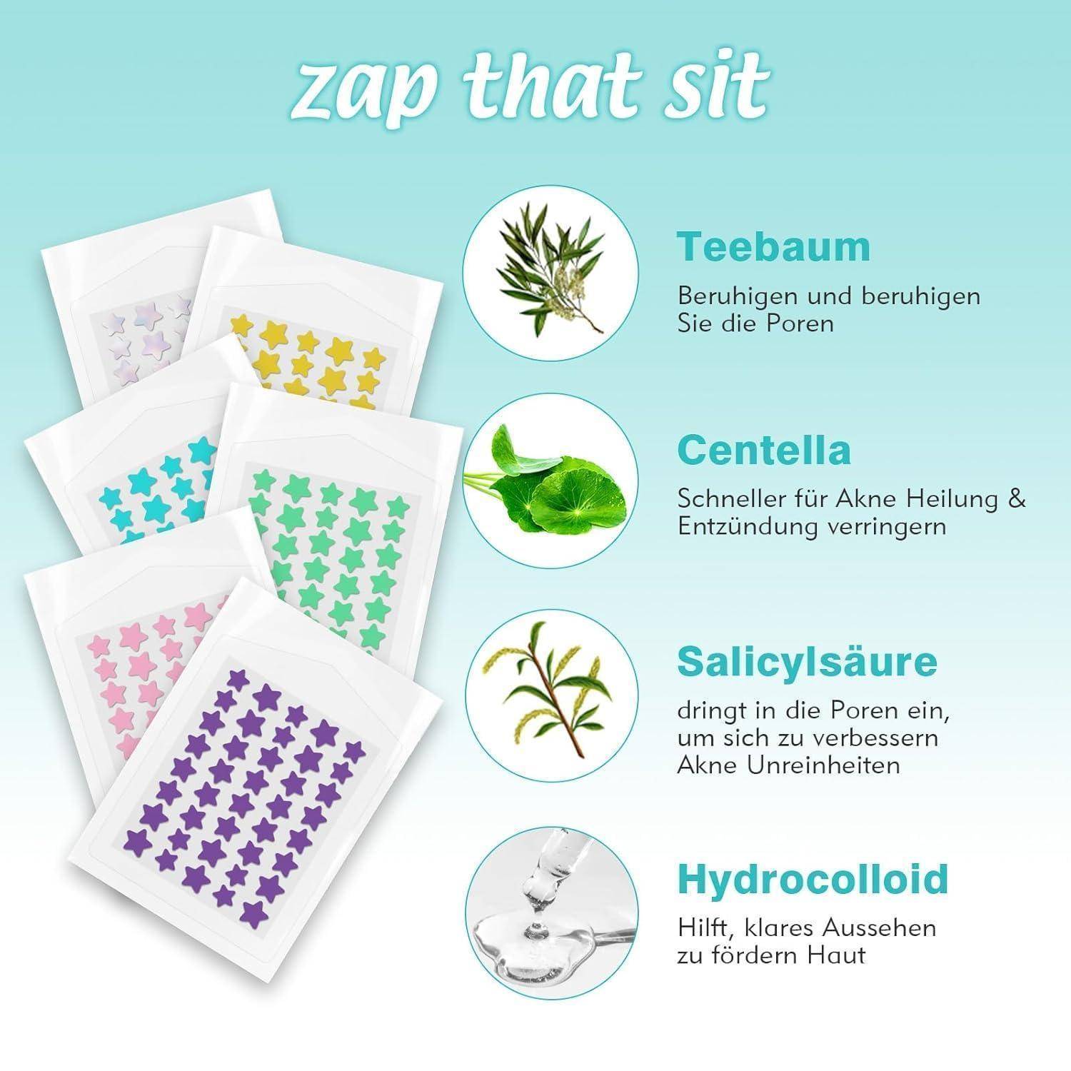Infografik für „Zap That Zit" Akne-Pflaster mit farbenfrohen sternförmigen Pflastern und vier Inhaltsstoffen: Teebaum, Centella, Salicylsäure und Hydrokolloid.