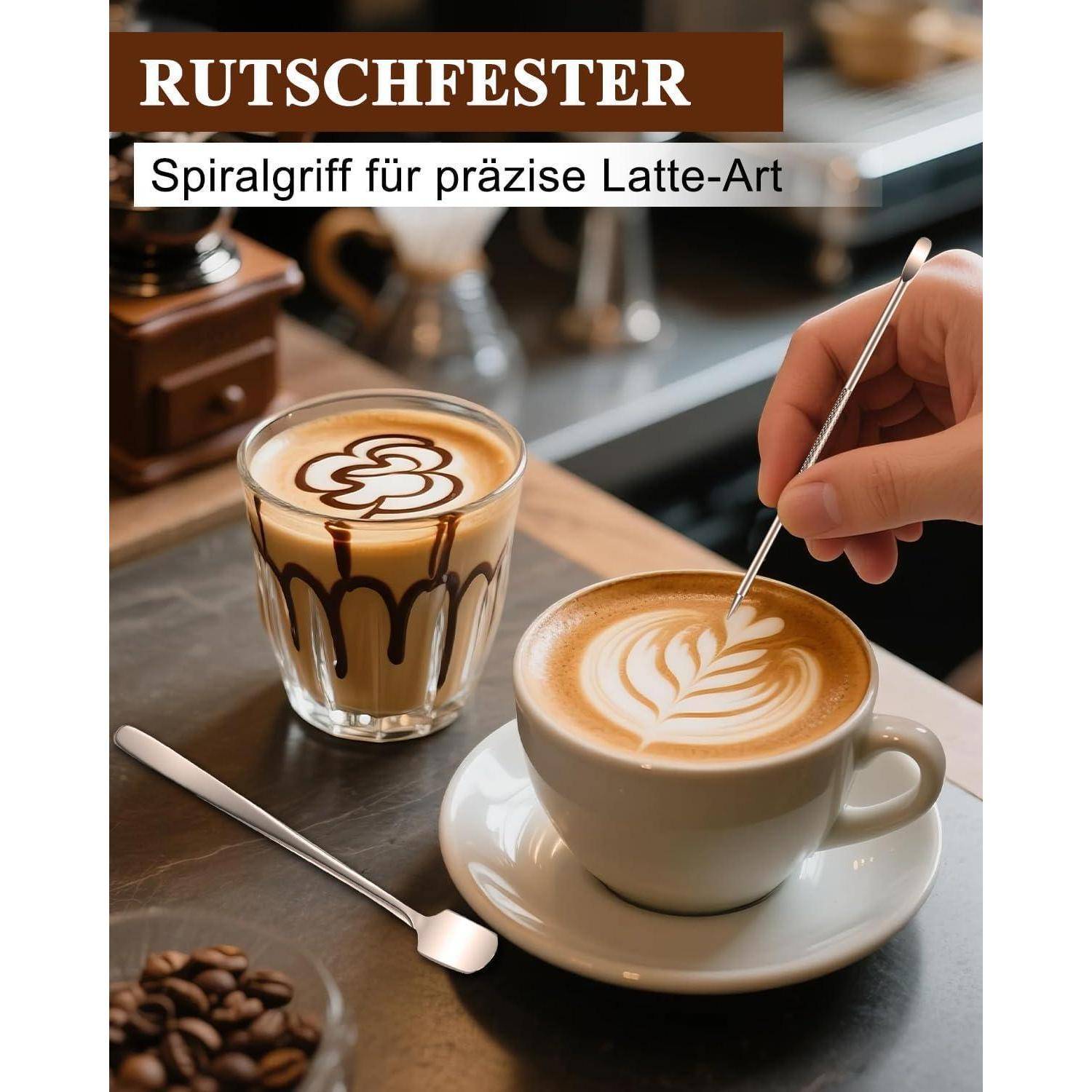 Hand dekoriert Latte-Art in einer Tasse mit einem Spiralgriff-Werkzeug; Text liest „RUTSCHFESTER" und „Spiralgriff für präzise Latte-Art"".