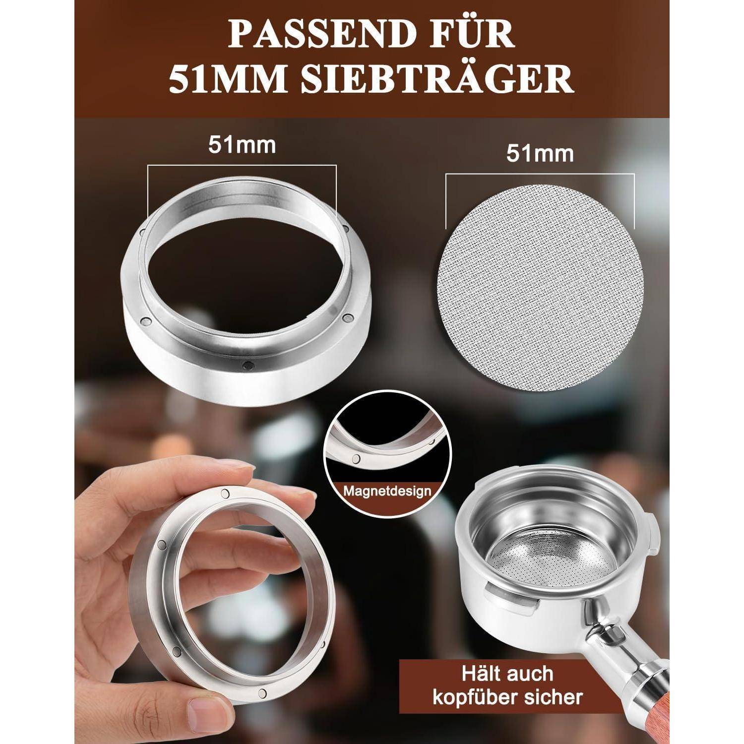 Werbebild eines 51-mm-Kaffeefilterhalters und Metallsiebschirms, gekennzeichnet mit „PASSEND FÜR 51MM SIEBTRÄGER"; hebt das magnetische Design und die sichere umgestülpte Halterung hervor.