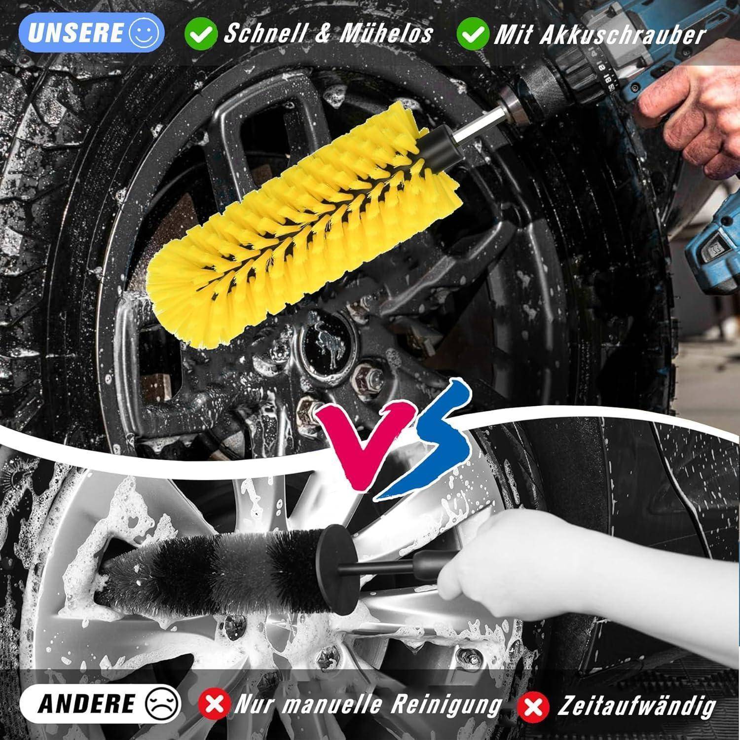 Auto Felgenbürste für Akkuschrauber, Alufelgen Felgenreiniger Bürste Wheel Brush Set zur Bohrmaschine - Für eine schnelle & mühelose Reinigung bi
