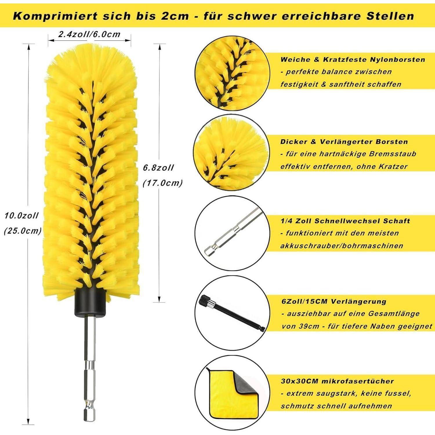 Auto Felgenbürste für Akkuschrauber, Alufelgen Felgenreiniger Bürste Wheel Brush Set zur Bohrmaschine - Für eine schnelle & mühelose Reinigung bi