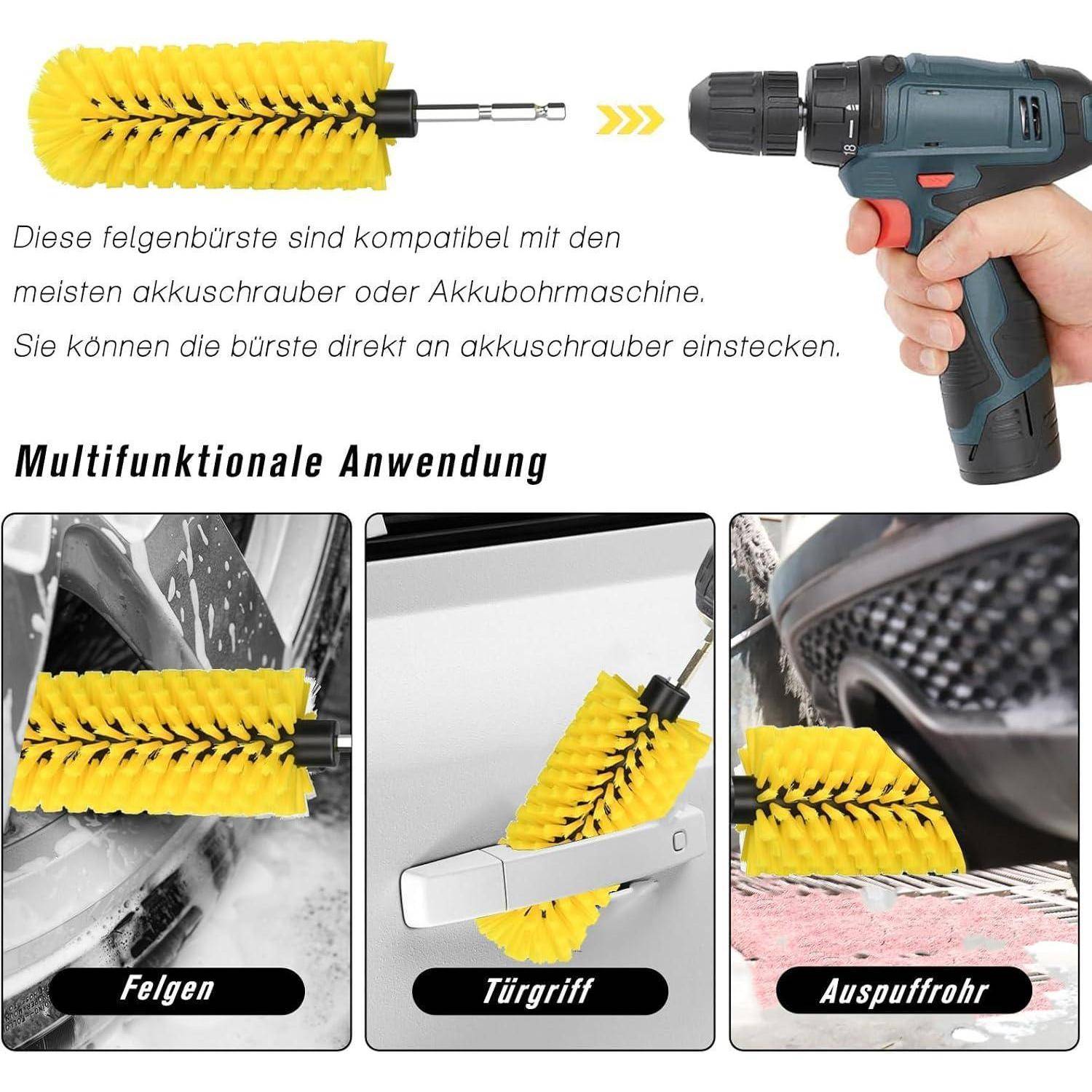 Auto Felgenbürste für Akkuschrauber, Alufelgen Felgenreiniger Bürste Wheel Brush Set zur Bohrmaschine - Für eine schnelle & mühelose Reinigung bi