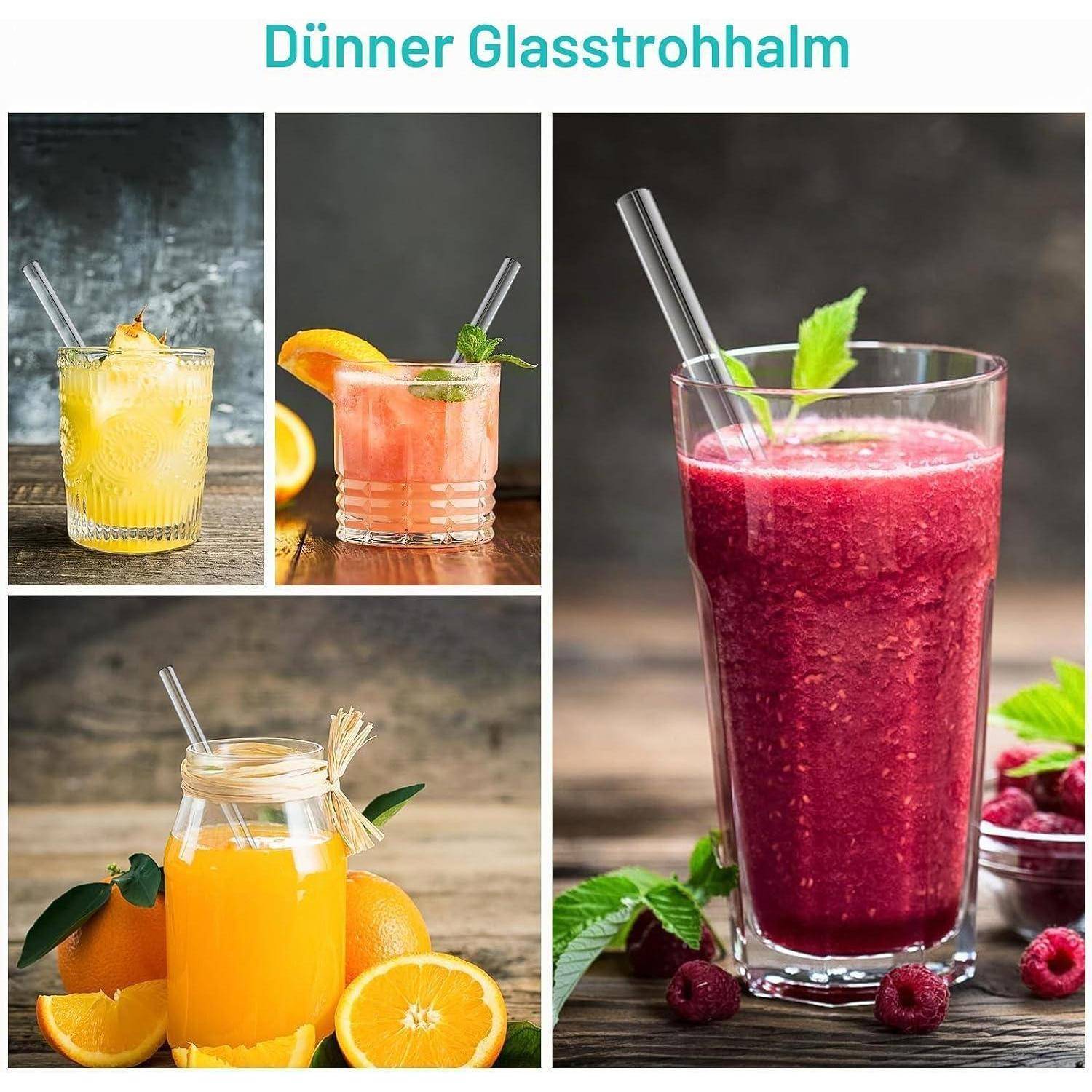Collage von Getränken mit einem wiederverwendbaren Glasstrohhalm mit dem Titel „Dünner Glasstrohhalm
