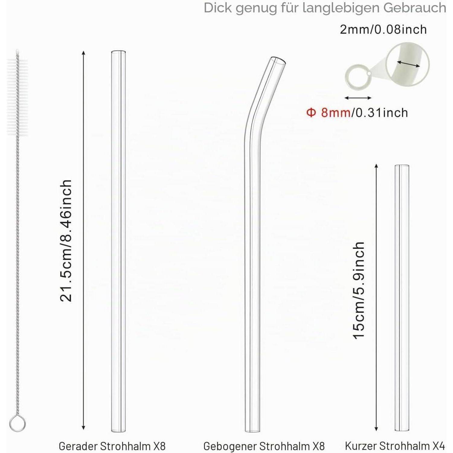 Maßzeichnung von Trinkhalmen: gerader Halm x8, gebogener Halm x8, kurzer Halm x4; Längen 21,5 cm, 15 cm, 8 cm, 2 mm Dicke, 8 mm Durchmesser.