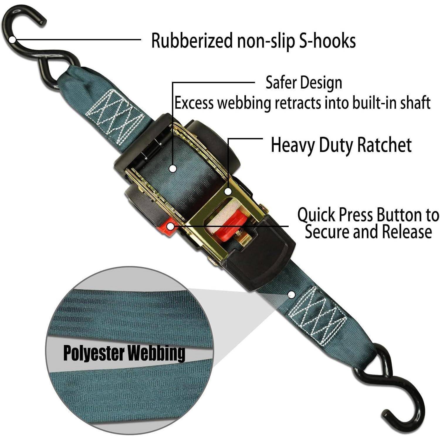 ENJ 2 Pack Retractable Ratchet Strap, 3,0 m x 50 mm, Polyester, Universal Fit, Motorrad, Boot, Geländefahrzeug, PKW, LKW, 1500 kg, S-Haken
