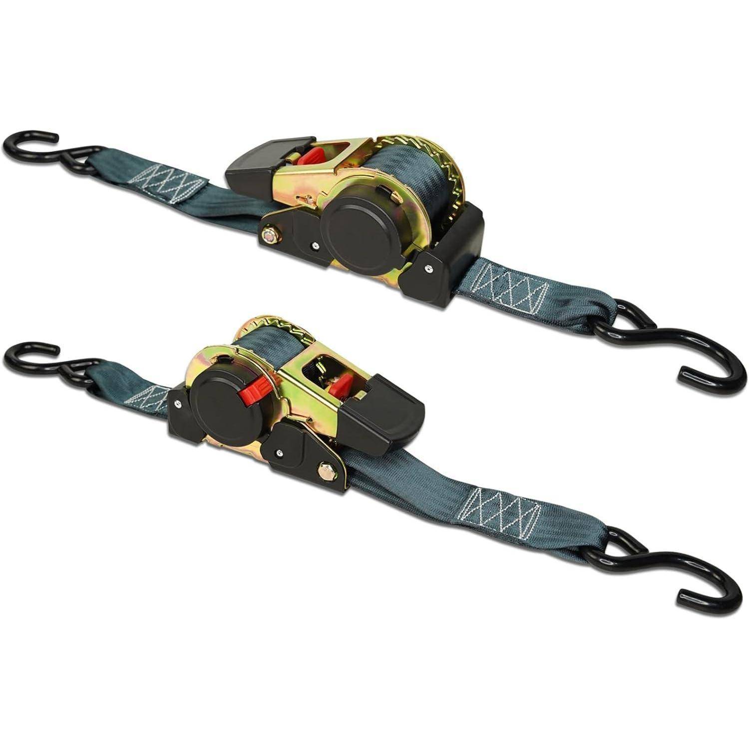 ENJ 2 Pack Retractable Ratchet Strap, 3,0 m x 50 mm, Polyester, Universal Fit, Motorrad, Boot, Geländefahrzeug, PKW, LKW, 1500 kg, S-Haken