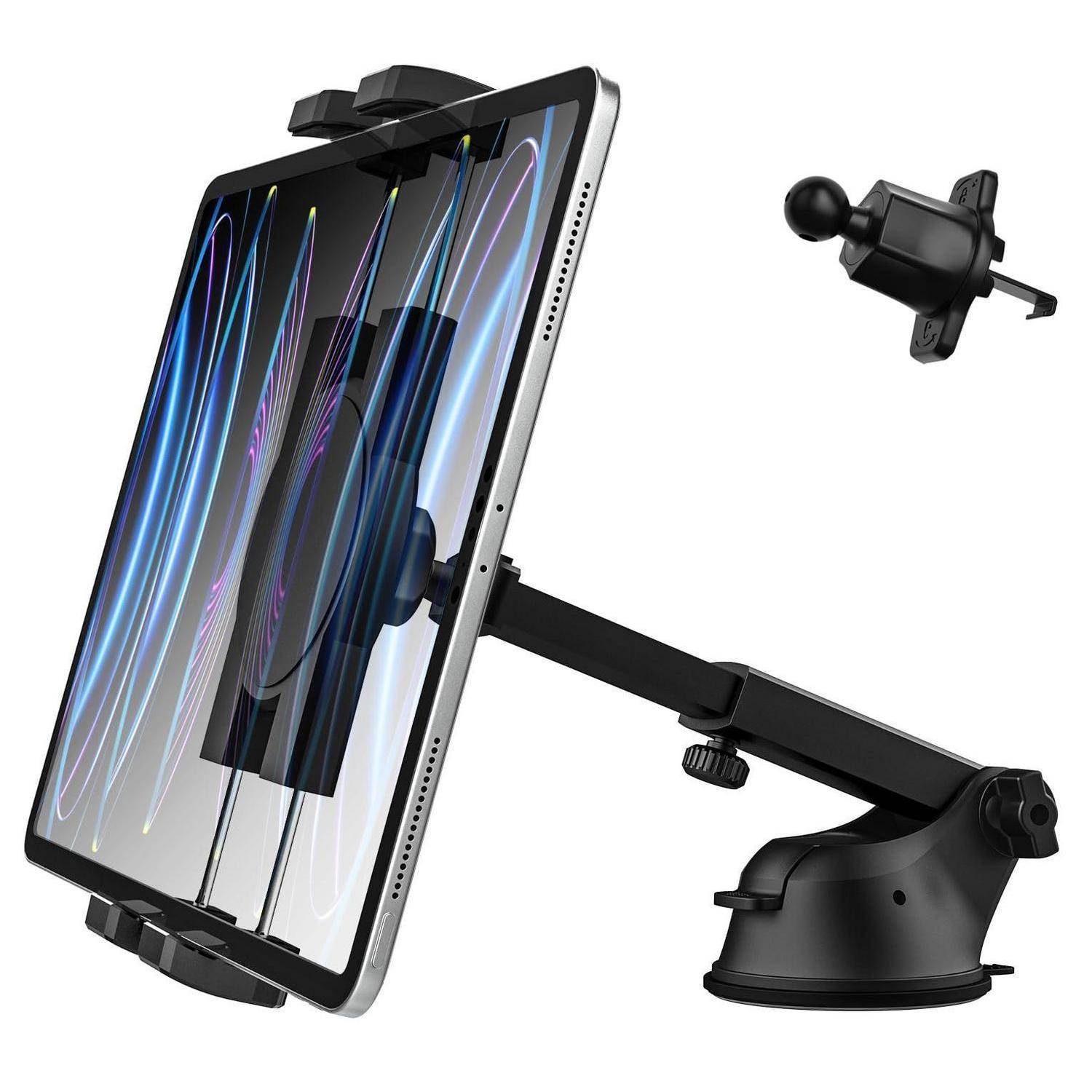 Verstellbare Kfz-Armaturenbrett-Tablethalterung mit Saugnapfbasis und Klemmhalter, dargestellt mit einem Tablet im Winkel; zusätzliches Montagestück auf der rechten Seite abgebildet.