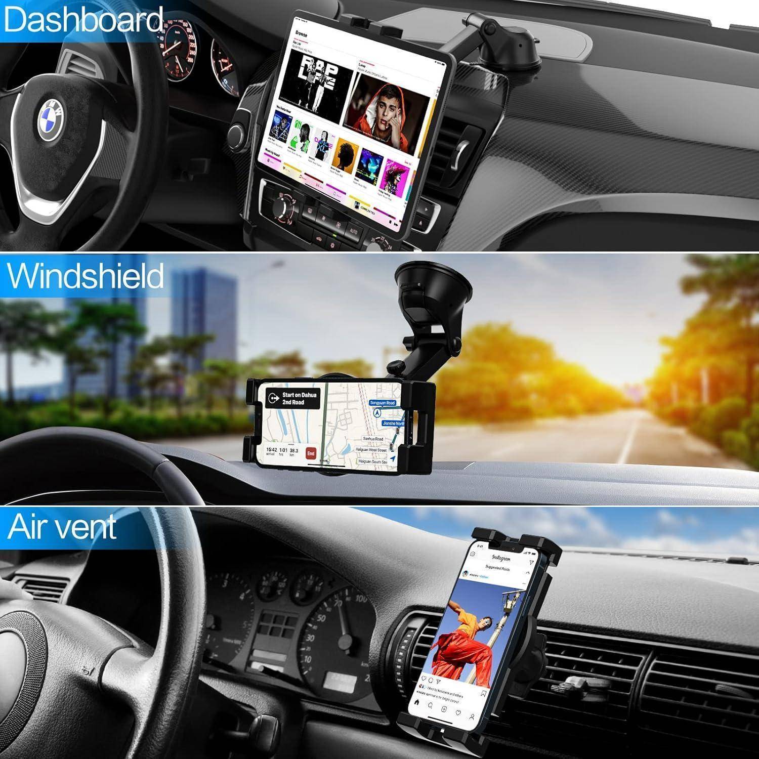 Collage zeigt eine Autotelefonhalterung am Armaturenbrett, an der Windschutzscheibe und an der Lüftung, mit einem Smartphone zur Navigation und Medienwiedergabe.