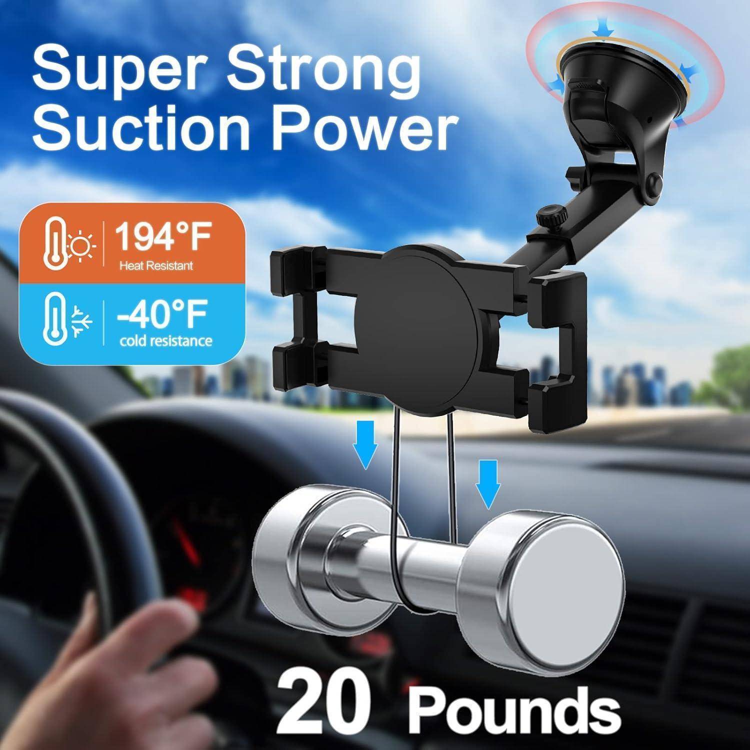 Werbegrafik einer Autohalterung für Telefone mit "Super starker Saugkraft"", die Wärmebeständigkeit bis 194°F, Kältebeständigkeit bis -40°F und eine Tragfähigkeit von 20 Pfund beansprucht.