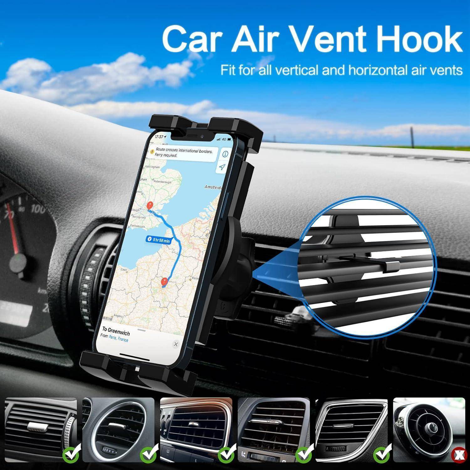 Autolüftungsgitter-Handyhalt Handyhalterung, die an einem Autolüftungsgitter befestigt ist und ein Smartphone zur Navigation hält; die Vergrößerung zeigt die Kompatibilität der Befestigung an den Lüftungsgitterlamellen.