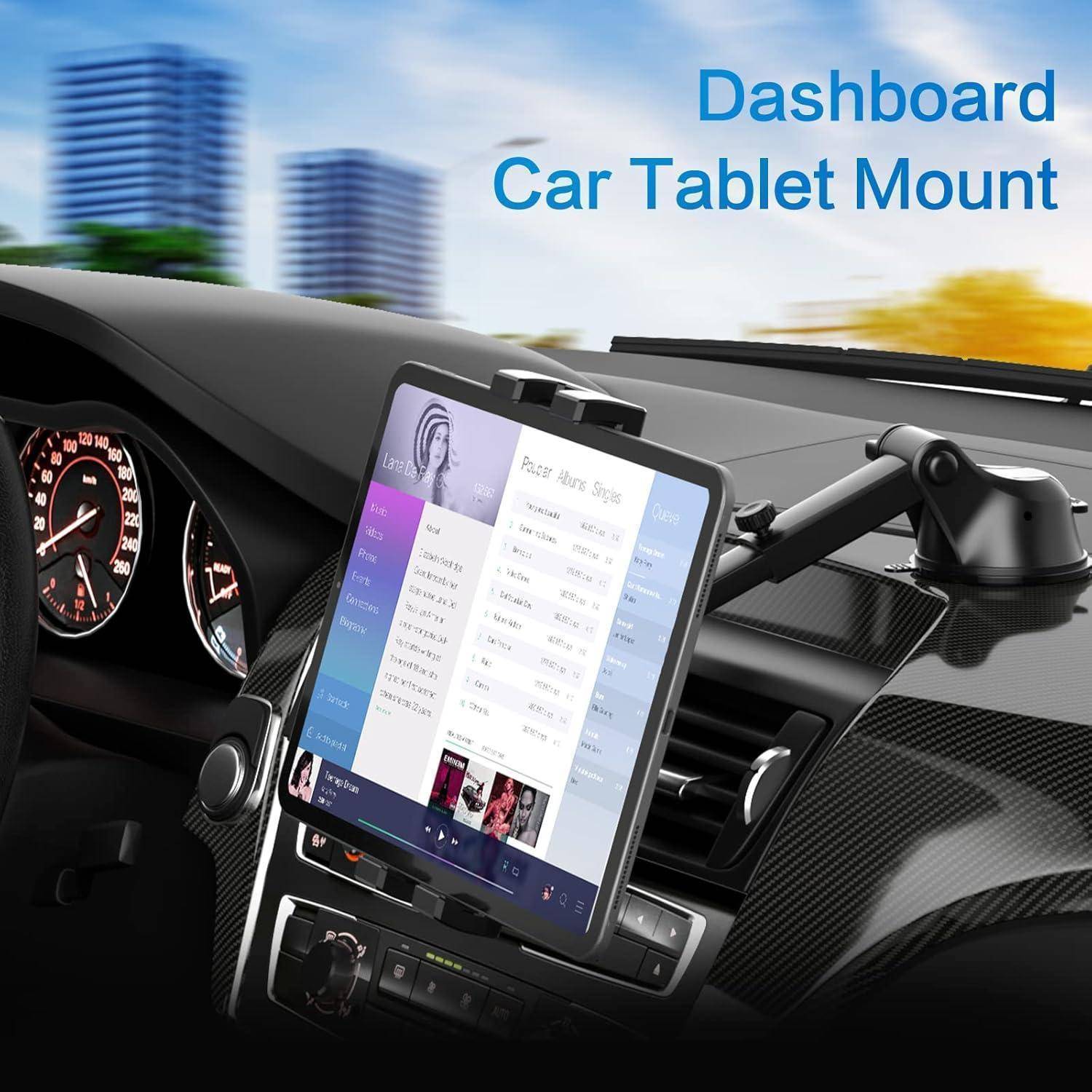 Tablet auf einer Autodashboard-Halterung montiert, mit einem verstellbaren Arm, mit dem Text „Dashboard-Autotablet-Halterung" darüber angezeigt.