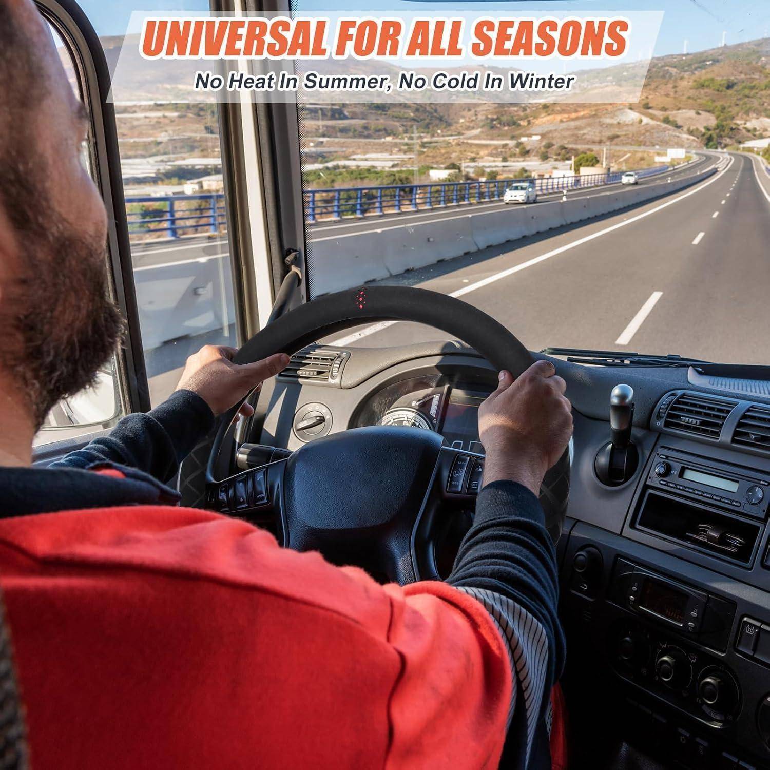 Fahrer, der einen Transporter auf einer Autobahn lenkt, mit dem Slogan „UNIVERSAL FÜR ALLE JAHRESZEITEN" und „Keine Hitze im Sommer, keine Kälte im Winter"" oben überlagert.
