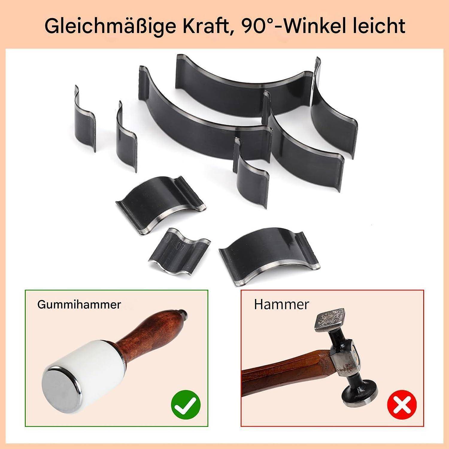 Anleitung zum gleichmäßigen Biegen von Metallstreifen in einem 90-Grad-Winkel; ein Gummihammer ist korrekt, während ein Hammer als falsch gekennzeichnet ist.