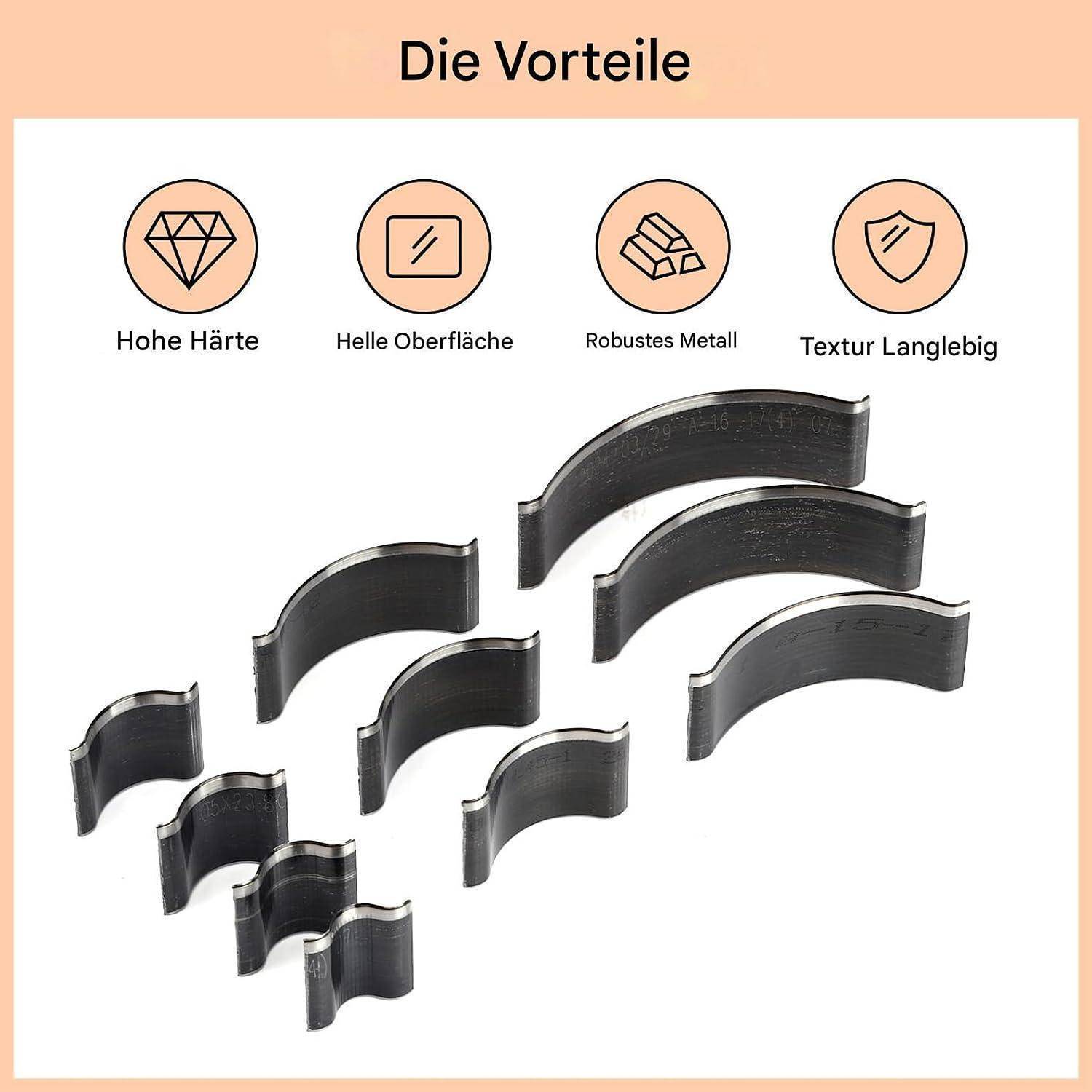 Grafik mit dem Titel „Die Vorteile" mit vier Vorteilssymbolen, die mit hohe Härte, glänzende Oberfläche, robustes Metall und langlebige Textur gekennzeichnet sind, über mehreren gekrümmten schwarzen Metallteilen.