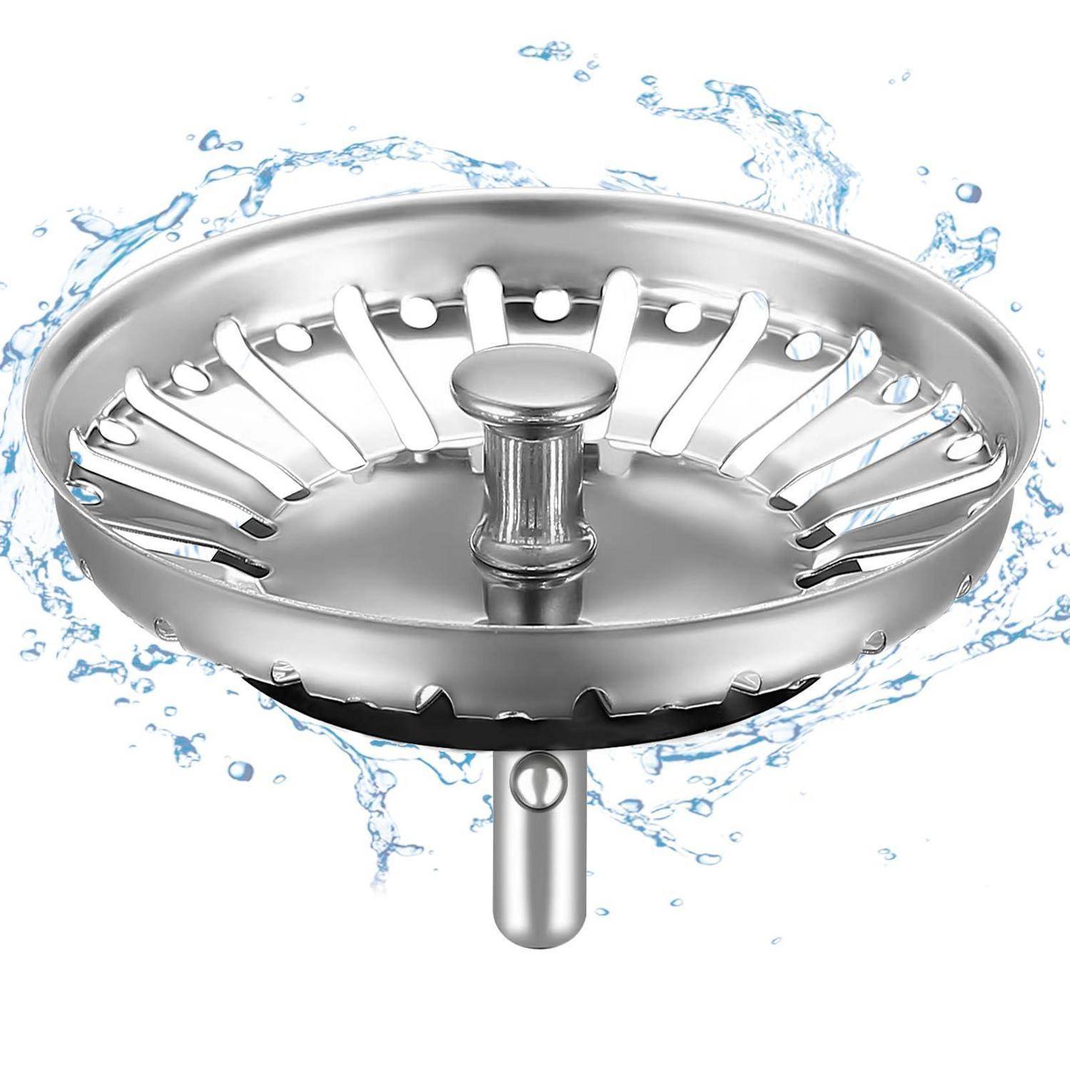 Chromekühlspülbeckensieb mit einem zentralen Stöpsel, umgeben von Wasserspritzern, auf weißem Hintergrund dargestellt.