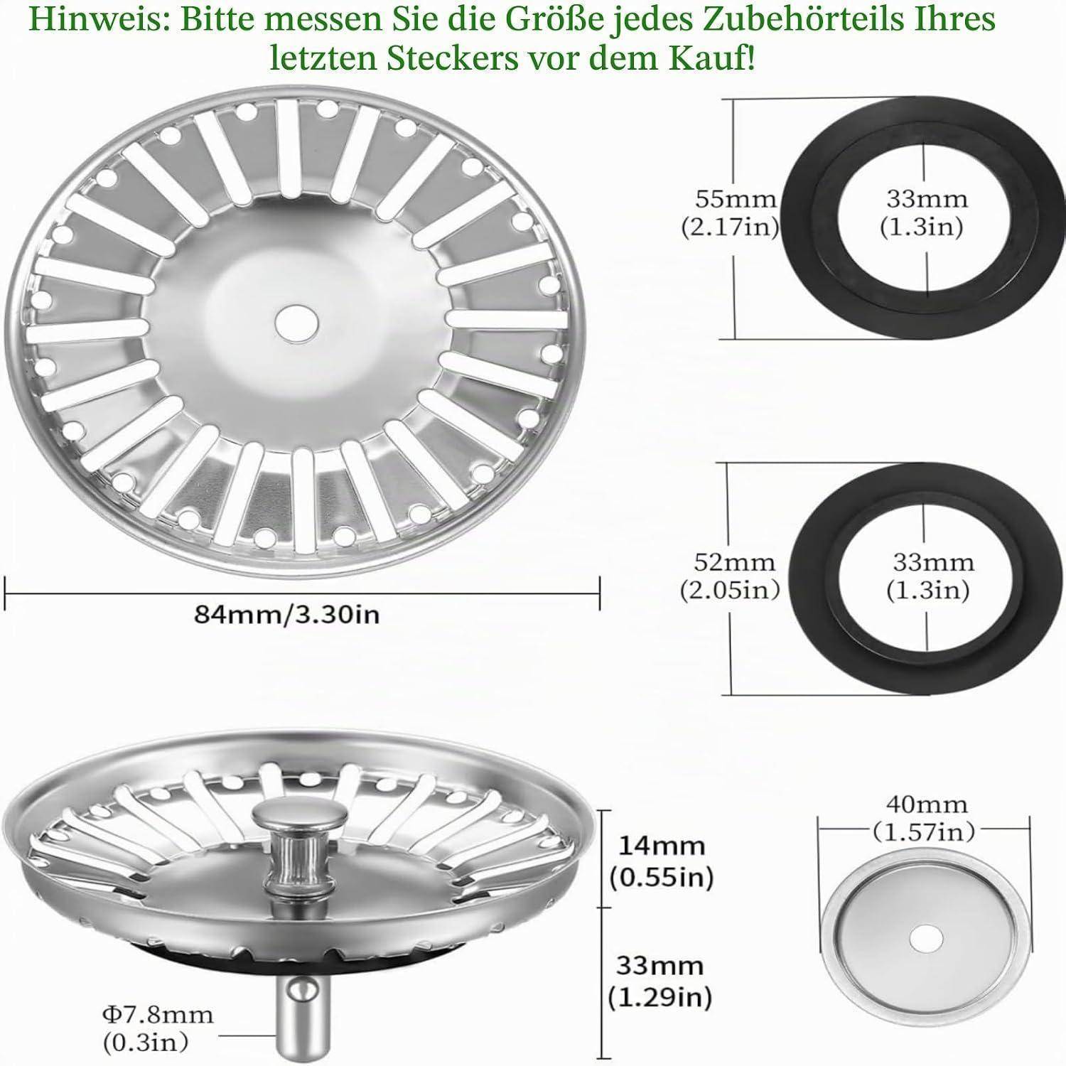 Diagramm zeigt eine Metallduschablaufabdeckung mit Größenbezeichnungen: 84 mm Durchmesser, 14 mm Höhe, 33 mm Mittelpunkt und zwei Adapterringe mit 55 mm und 52 mm Außendurchmesser mit 33 mm Innendurchmesser.