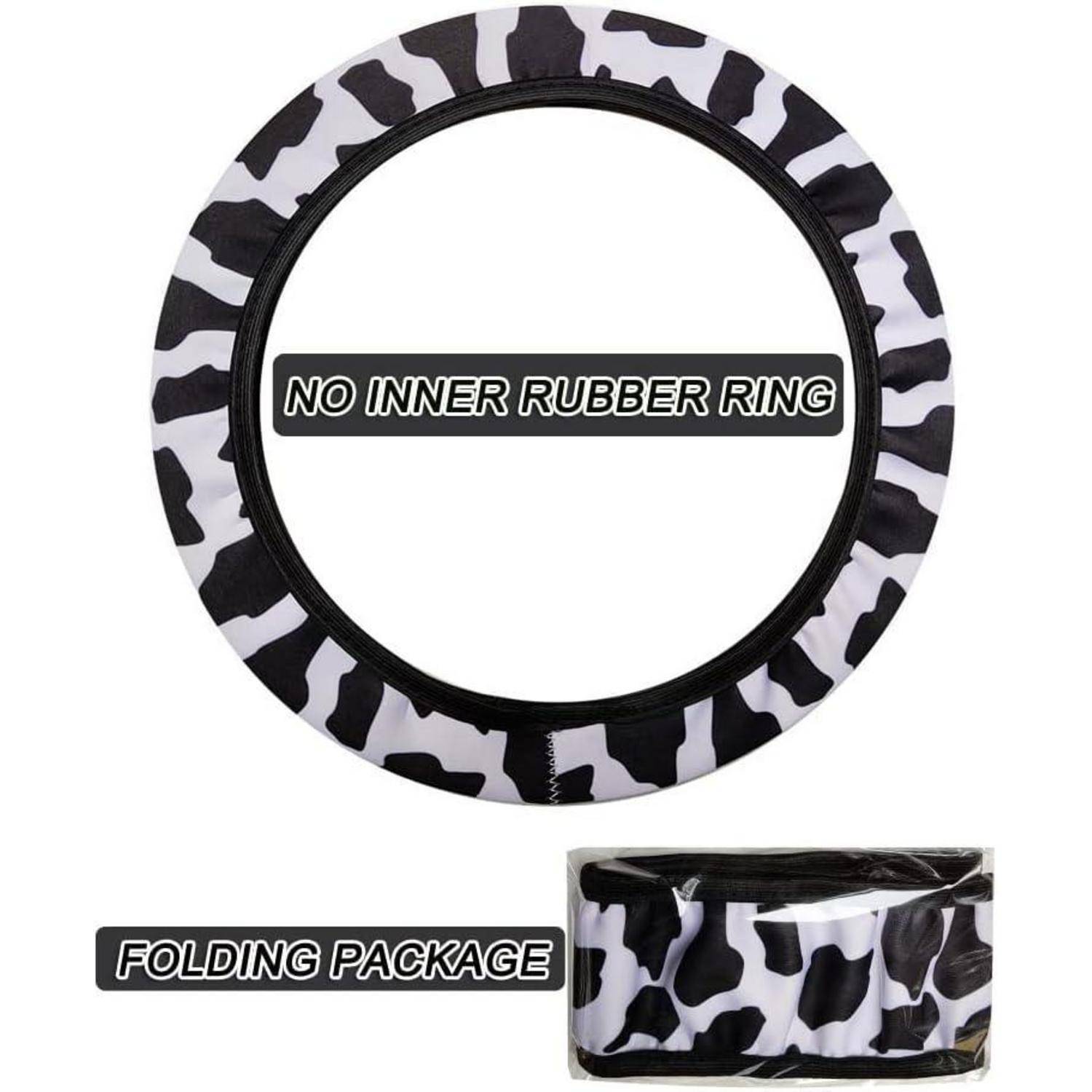 Lenkradabdeckung im Kuh-Muster mit Text „NO INNER RUBBER RING"; Einsatz zeigt gefaltete Verpackung mit der Aufschrift „FOLDING PACKAGE"".