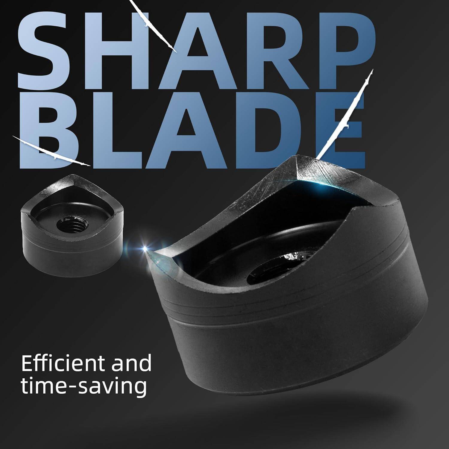 Werbebild eines Schneidwerkzeugblatts und einer passenden Wendeplatte mit dem Text "SHARP BLADE"" und ""Effizient und zeitsparend"" auf dunklem Hintergrund.