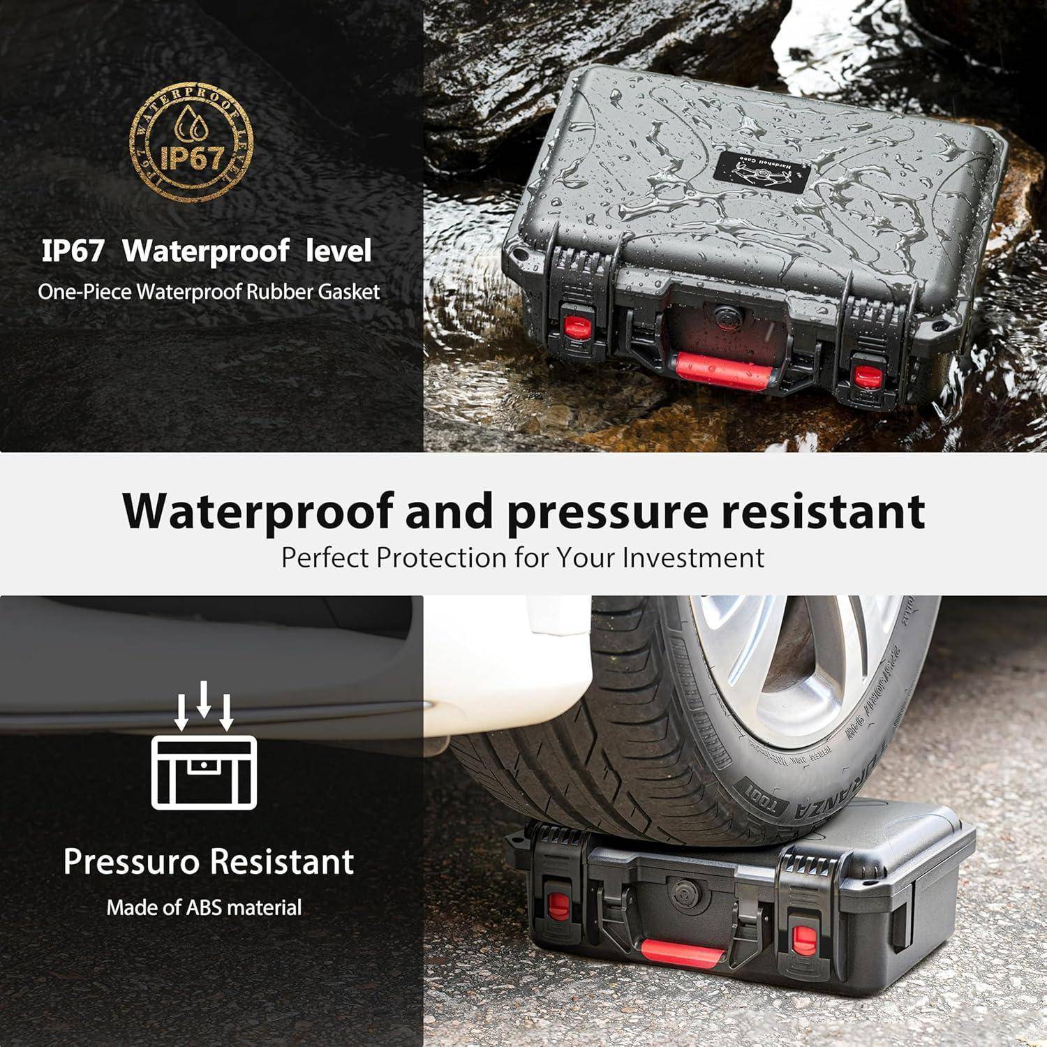Werbegrafikzeigung eines robusten schwarzen Hartkoffer im Wasser und unter einem Autoreifen, das die IP67-Wasserdichtheit, druckresistente Schutzfunktion mit ABS-Material hervorhebt.