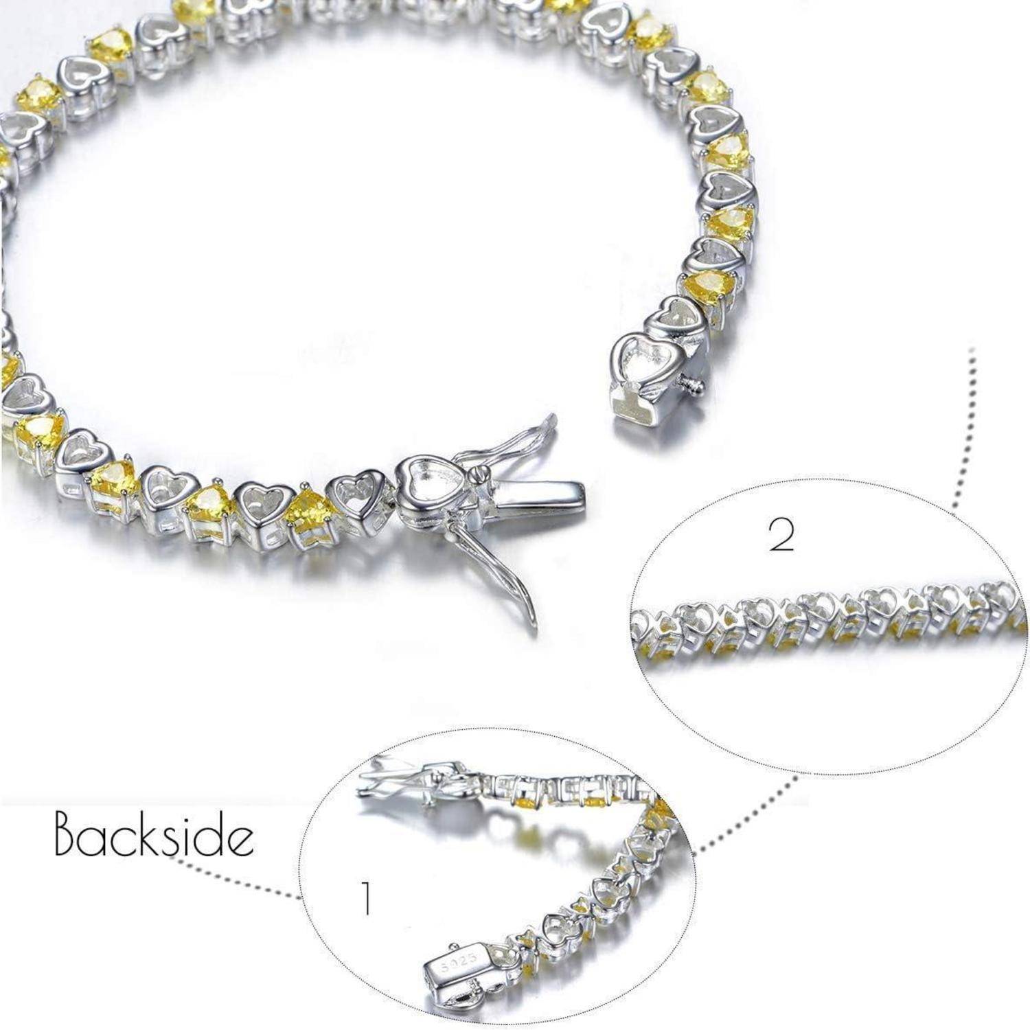 Silbernes Armband mit herzförmigen Steinen und gelben Akzenten, gezeigt mit Verschluss und zwei vergrößerten Nahaufnahmen der Vorder- und Rückseite.