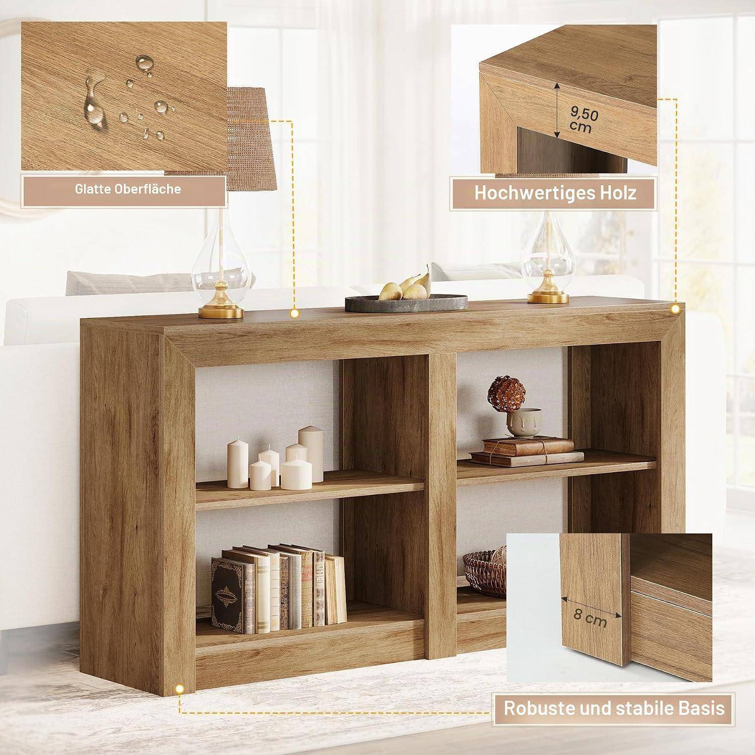 Holzschrank mit offenen Regalen, dargestellt mit deutschen Beschriftungen, die die glatte Oberfläche, hochwertige Holzqualität und die robuste 9,5 cm dicke Basis hervorheben.