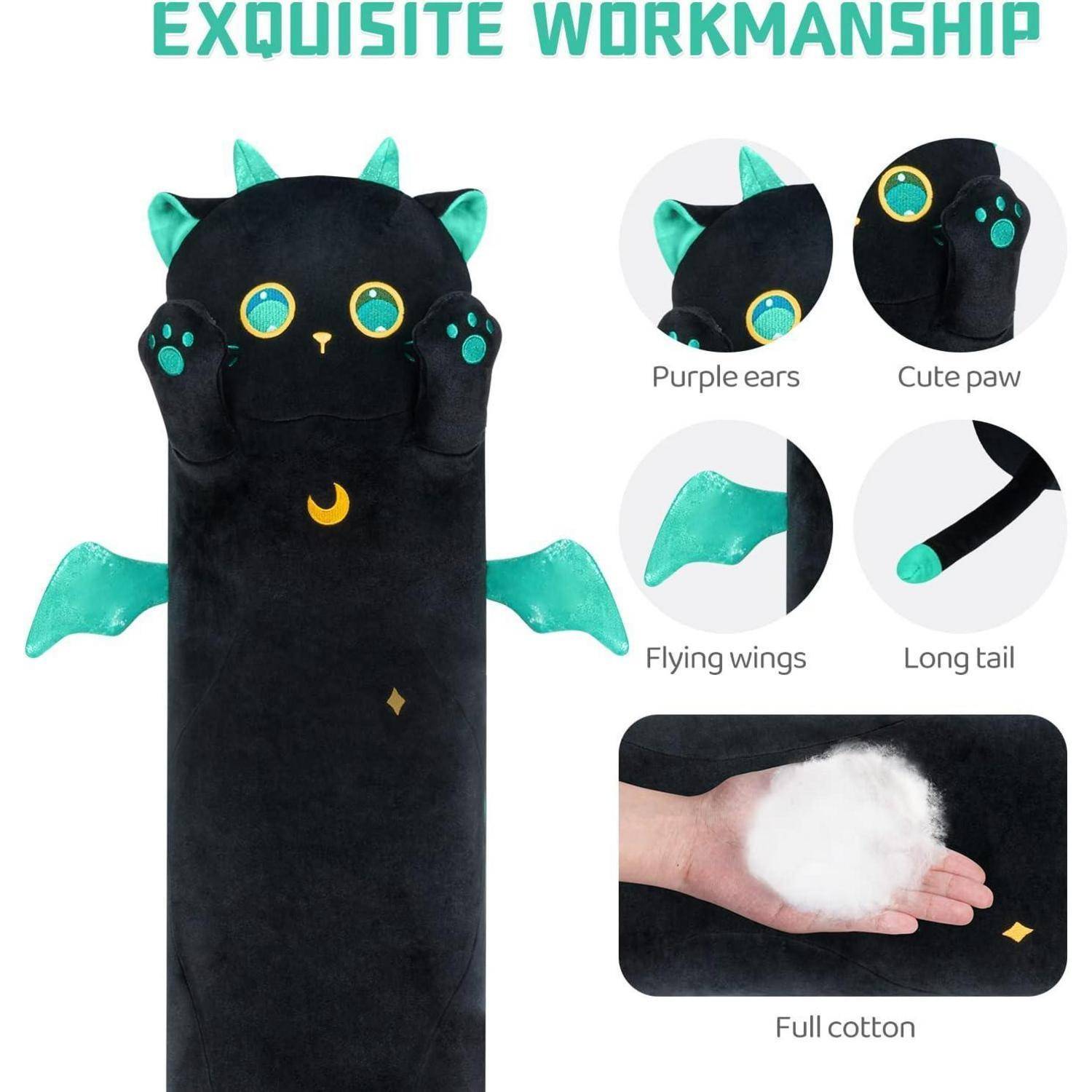 Mewaii Stofftiere Katzen Schwarze 90CM Plüsch Kissen Lang Kätzchen mit Großen Augen Plüschtier Ausgestopftes Tier Spielzeug Kuschelkissen Geschenk