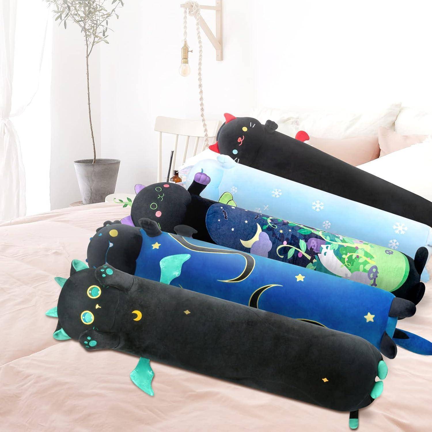 Mewaii Stofftiere Katzen Schwarze 90CM Plüsch Kissen Lang Kätzchen mit Großen Augen Plüschtier Ausgestopftes Tier Spielzeug Kuschelkissen Geschenk