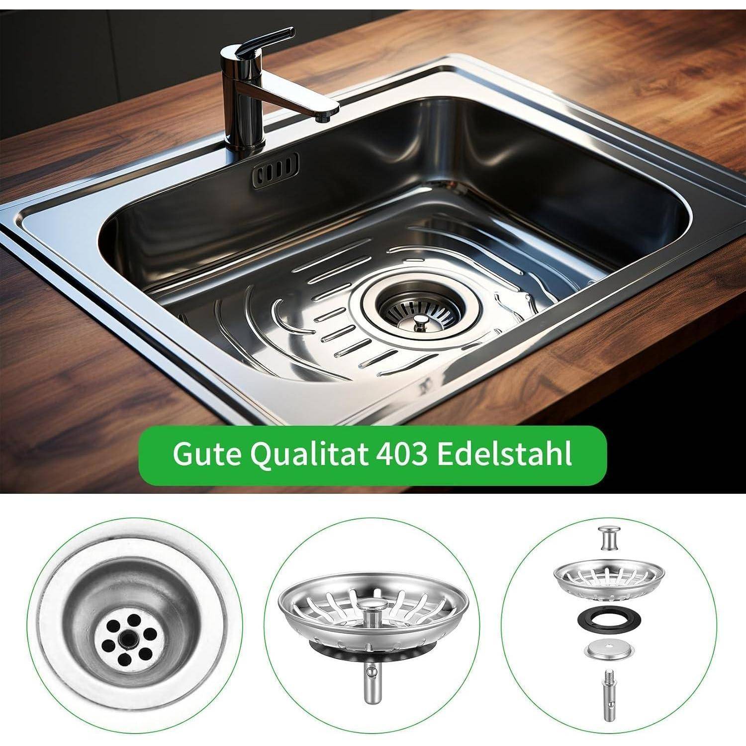 Edelstahlspüle in der Küche mit Armatur auf einer Holzarbeitsplatte, gekennzeichnet mit „Gute Qualität 403 Edelstahl