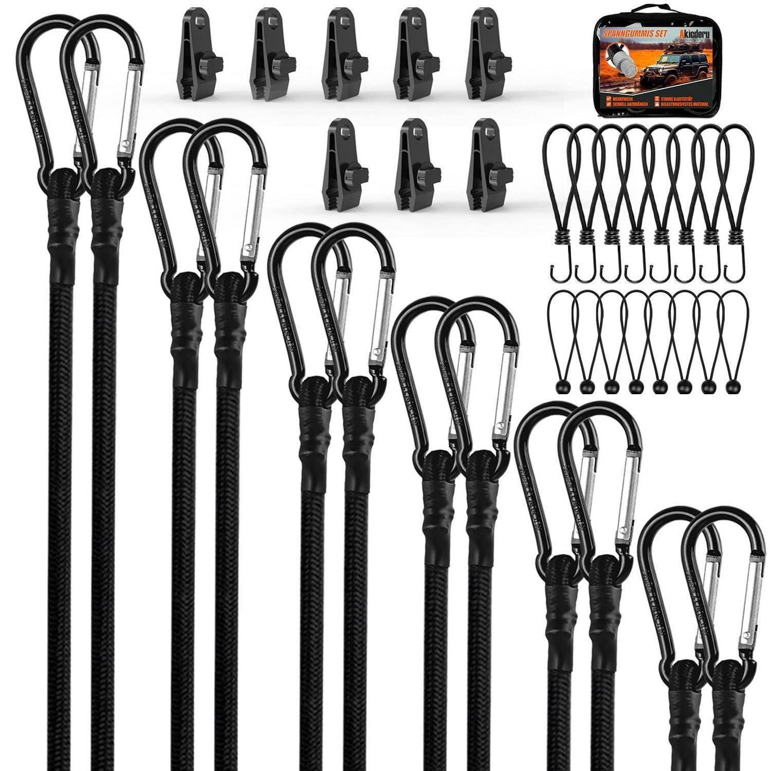 Satz schwarzer elastischer Bungee-Seile mit Metallkarabinerhaken, S-Haken und Clips, dargestellt als sortiertes Multipack auf weißem Hintergrund.