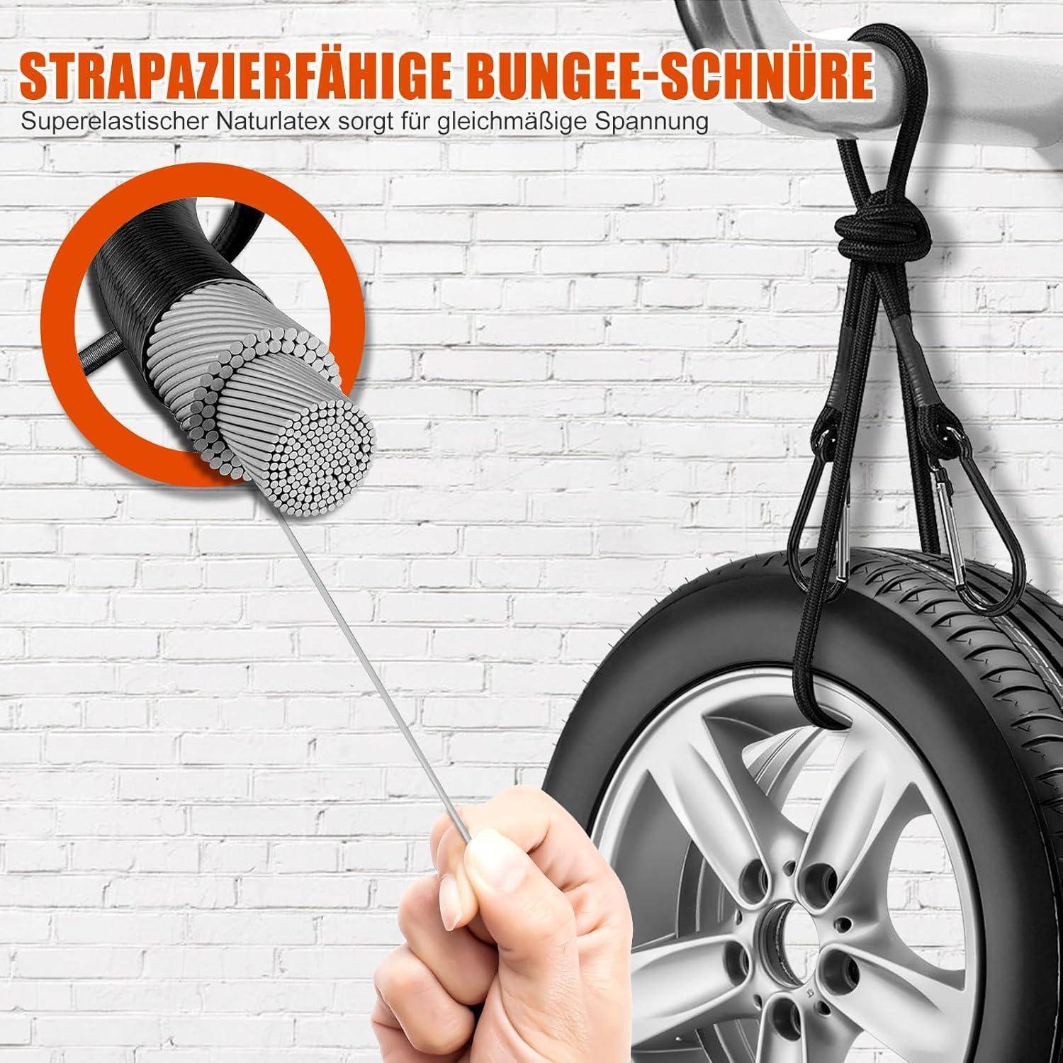 Werbegrafik von strapazierfähigen Bungee-Schnüren: Nahaufnahme eines Querschnitts mit elastischem Naturlatex-Kern, an dem ein Autoreifen mit schwarzen Schnüren aufgehängt ist; der Text lautet „STRAPAZIERFÄHIGE BUNGEE-SCHNÜRE