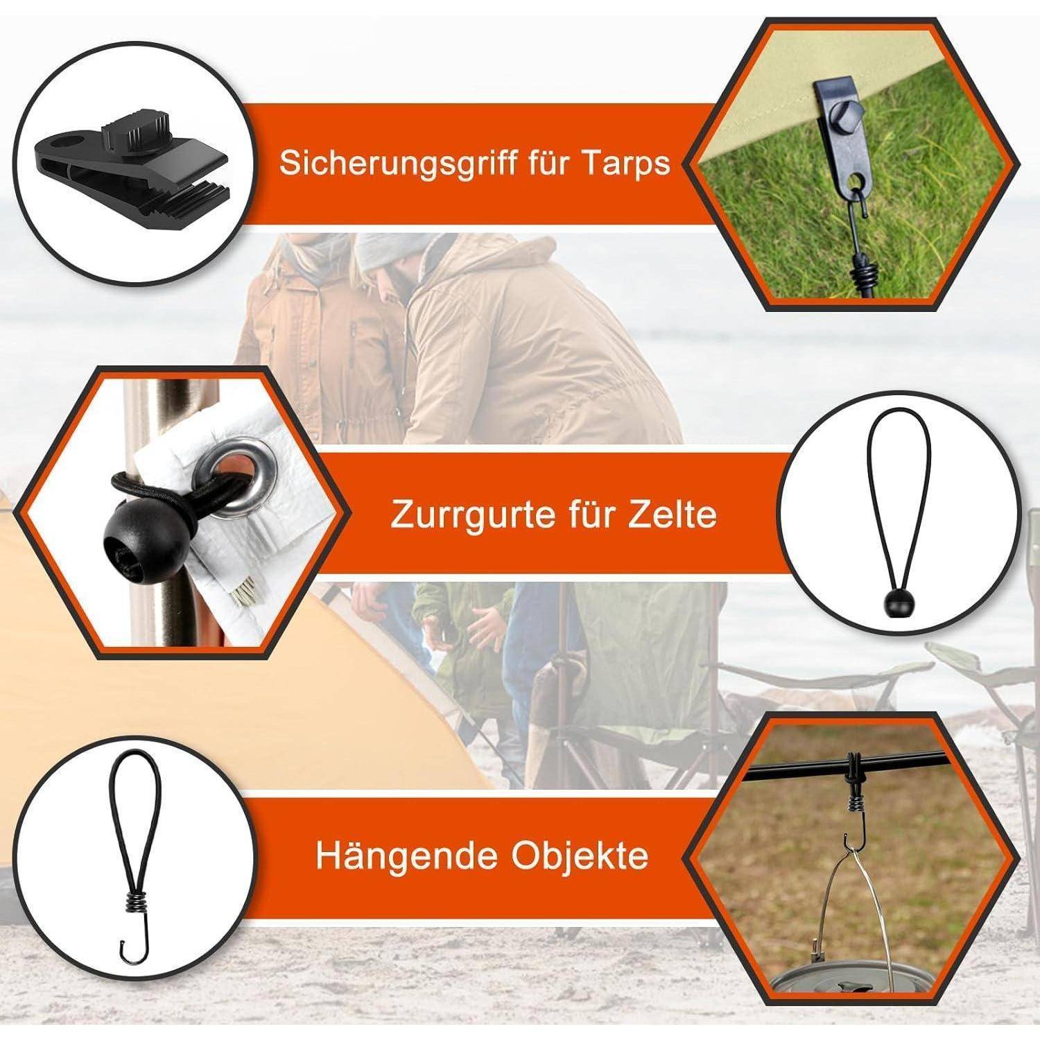 Infografik mit drei Verwendungszwecken von Riemen und Clips: 'Sicherungsgriff für Tarps', 'Zurrgurte für Zelte', und 'Hängende Objekte', jeweils mit einem passenden Hardwarefoto dargestellt.