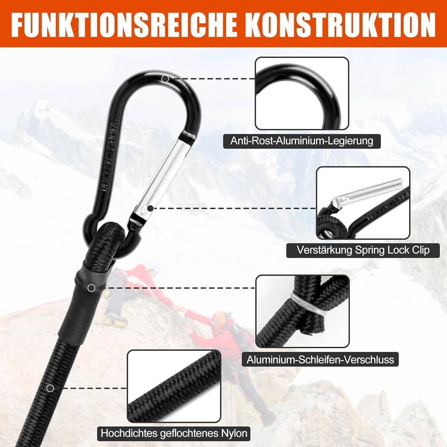 Produktmerkmaldiagramm eines Klettkarabiner-Sicherungsseils, das eine rostfreie Aluminium-Legierung, einen verstärkten Federschloss-Clip, einen Aluminium-Schleifenverschluss und ein hochdichtes geflochtenes Nylon hervorzuhebt.