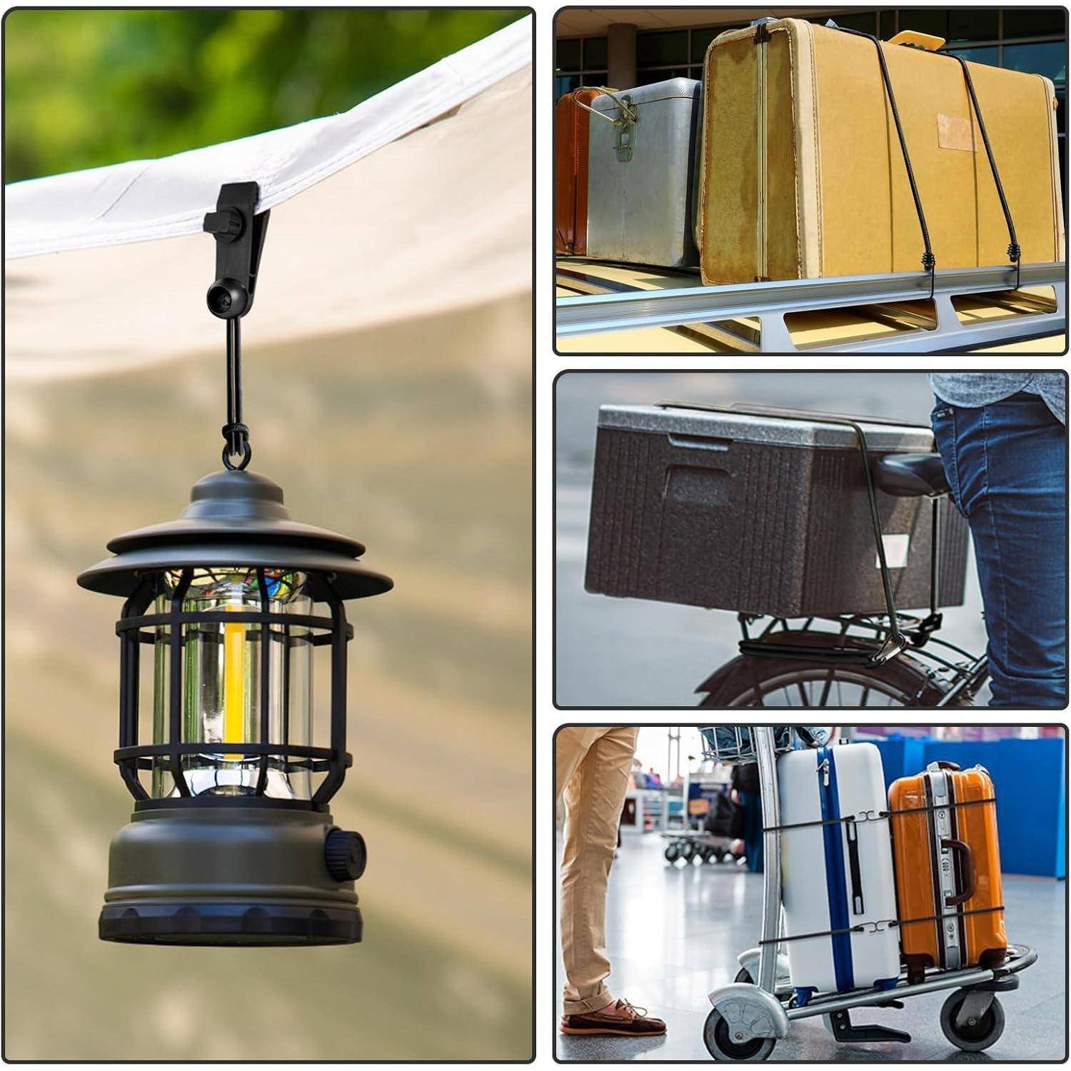 Collage mit tragbaren Hänge- und fahrbaren Leuchten oder Lautsprechern: eine laternenförmige LED-Lampe an einem Baldachin und Transportkoffer an einem Auto, Motorrad und Wagen angebracht.