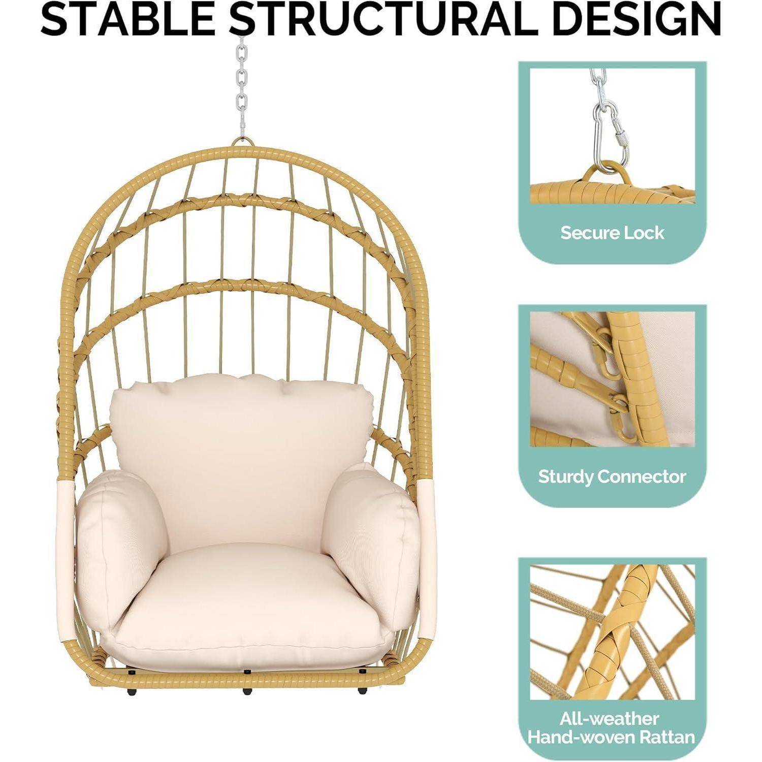 Hängesessel aus Rattan mit Kissen und eingefügten Funktionserklärungen für sichere Verriegelung, robuste Verbindung und witterungsbeständiges handgewebtes Rattan.