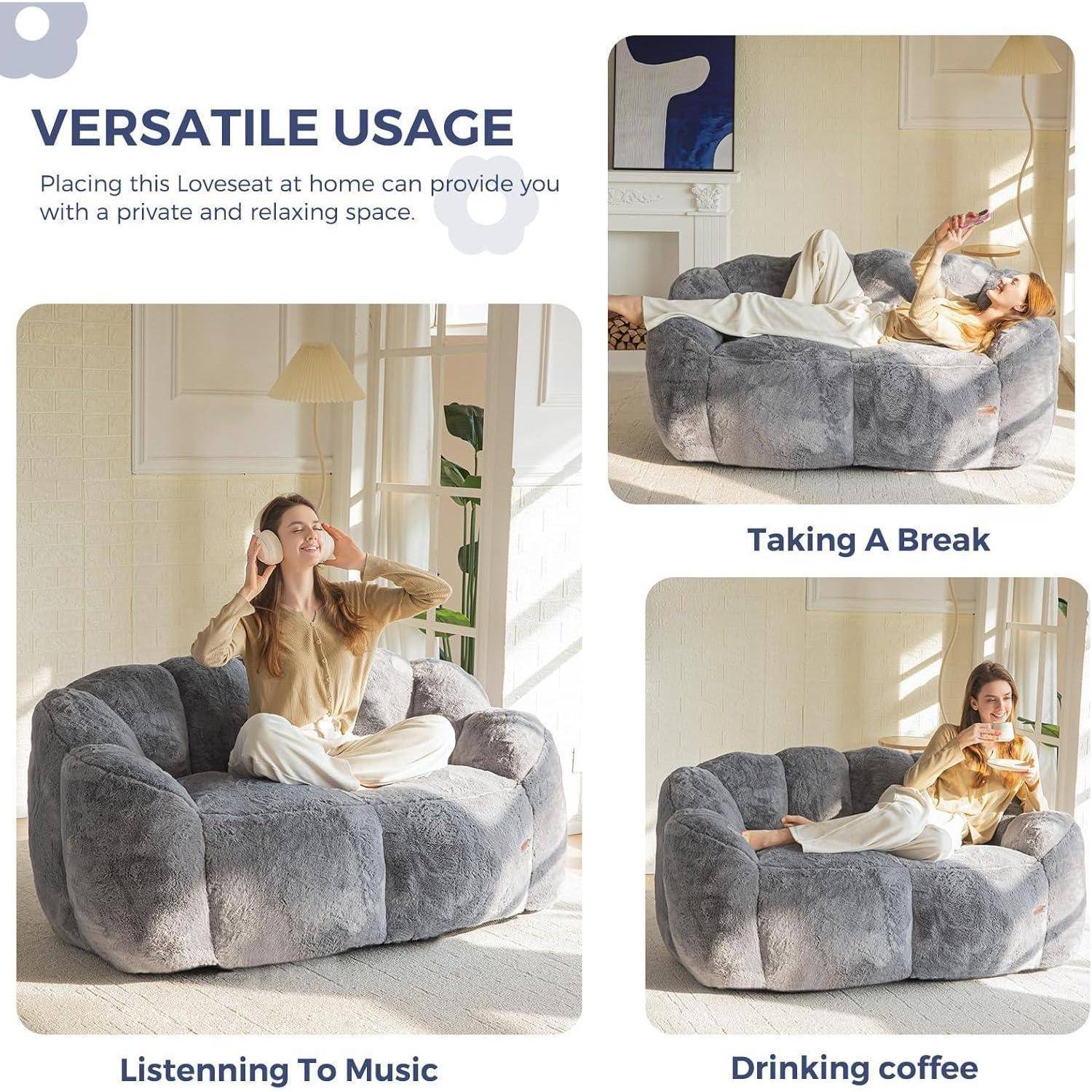 Werbecollage, die einen grauen Loveset-Sessel in einem privaten Entspannungsbereich zeigt; eine Frau entspannt sich, hört Musik und trinkt Kaffee.