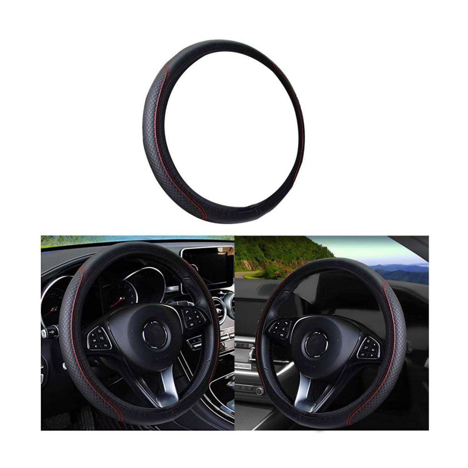 Schwarze Lederlenkerradbezug mit roter Naht, allein gezeigt und auf einem Autolenkrad-Innenraum angebracht.